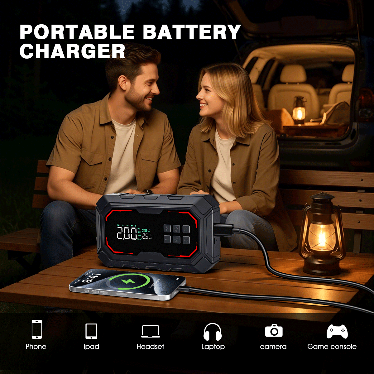 Pornitor auto 8000A cu compresor de aer, pompă de umflat anvelope fără fir, demaror de baterie cu power bank și lanterne LED, cutie de pornire auto 12V pentru toate vehiculele pe benzină sau diesel de 10.0L