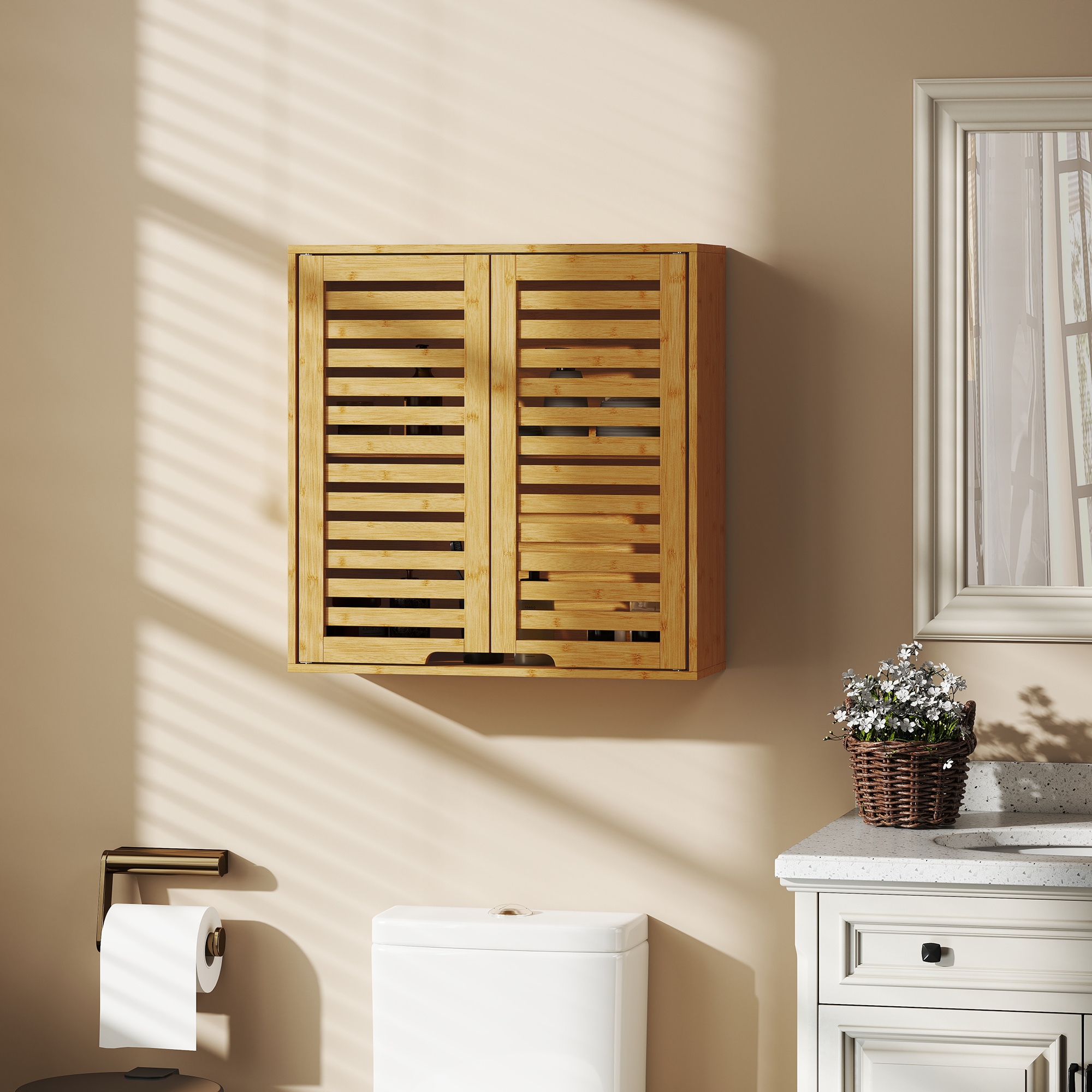 Image of Bamboo Bathroom Cabinet, Wall-mounted Hanging Cabinet With Breathable Slatted Doors, Adjustable Shelf, Over-the-toilet Bathroom Cabinet, 60 X 20 X 60 Cm, Natural Wood