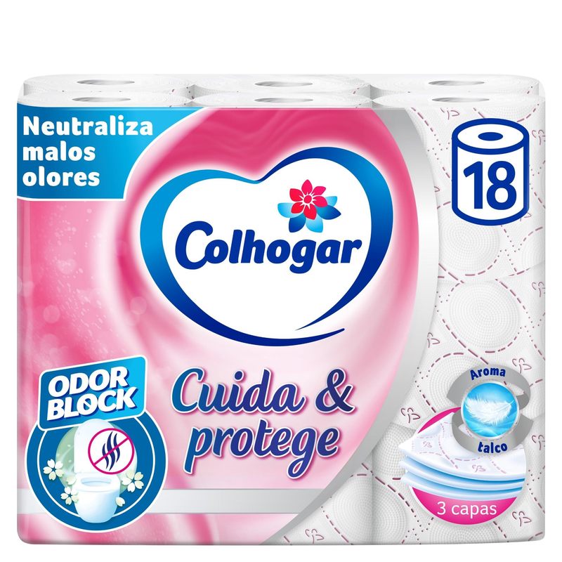 Colhogar Premium Toilet Paper 3 Layers Cares&protects , 18-roll Pack - White + Talc Fragrance
