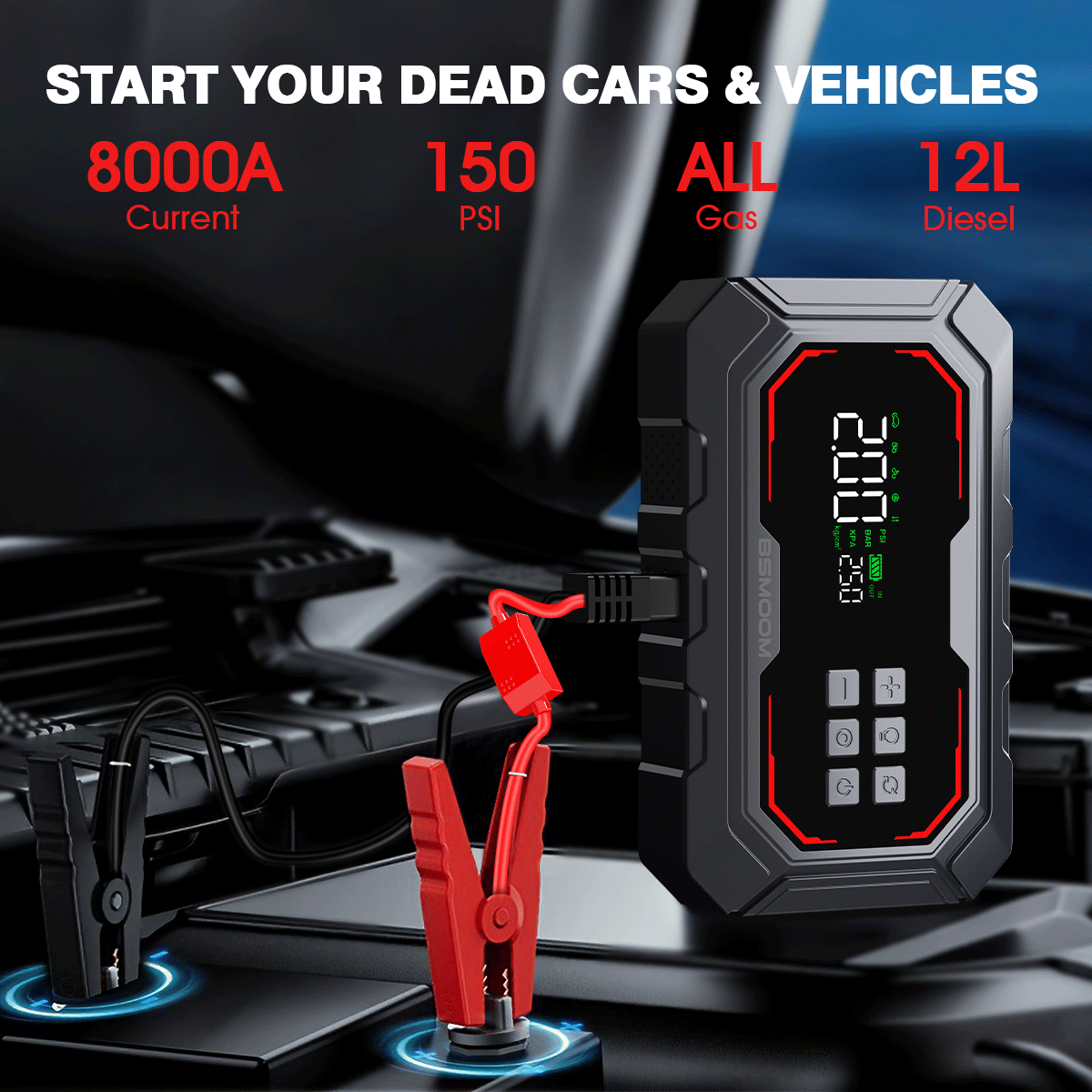 Pornitor auto 8000A cu compresor de aer, pompă de umflat anvelope fără fir, demaror de baterie cu power bank și lanterne LED, cutie de pornire auto 12V pentru toate vehiculele pe benzină sau diesel de 10.0L