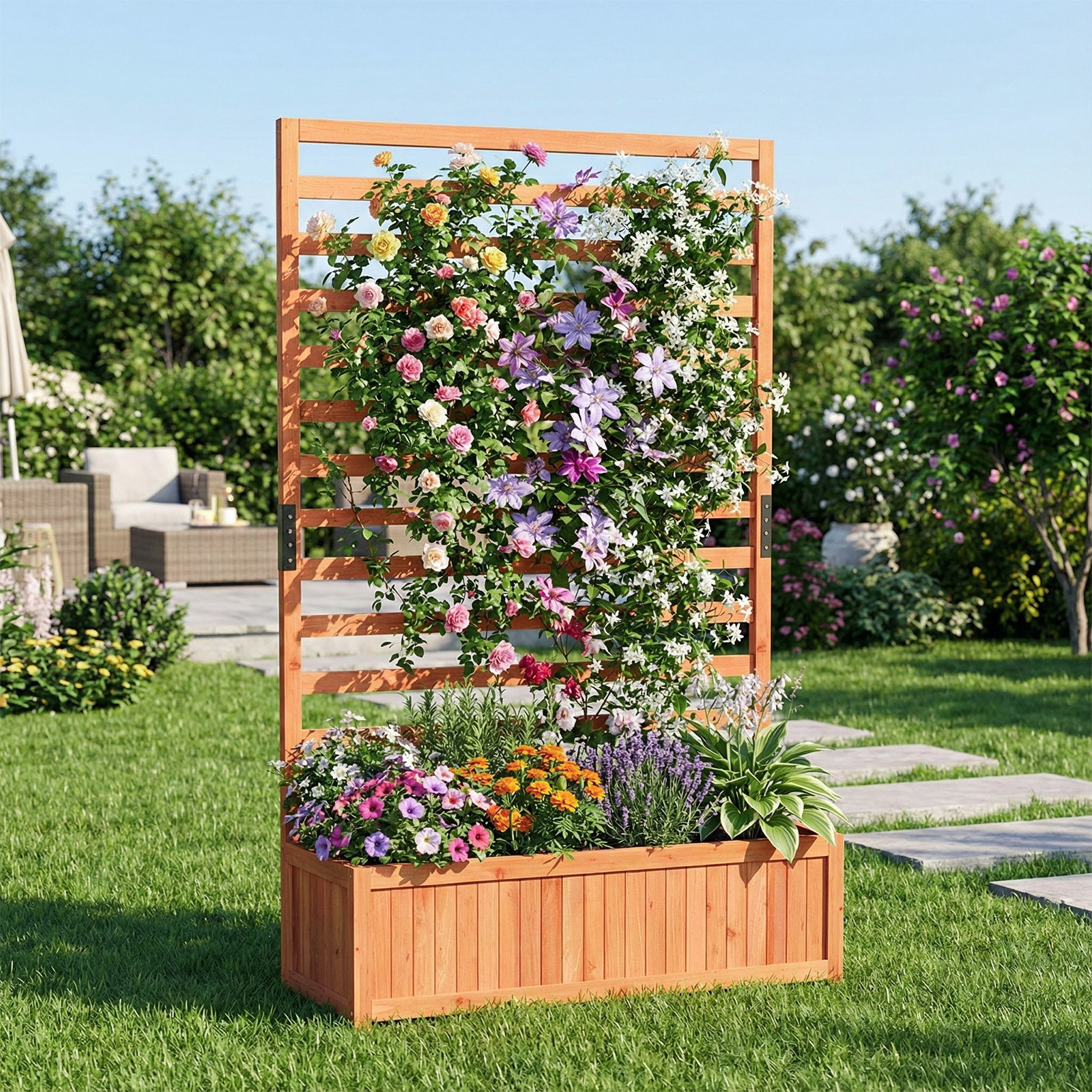 Image of Wooden Raised Garden Bed With Vertical Trellis, Liner, Drainage, 59" Tall Elevated Planter Box For Climbing Plant Vine Flower Vegetable , Indoor Outdoor Gardening Kit For Patio Balcony