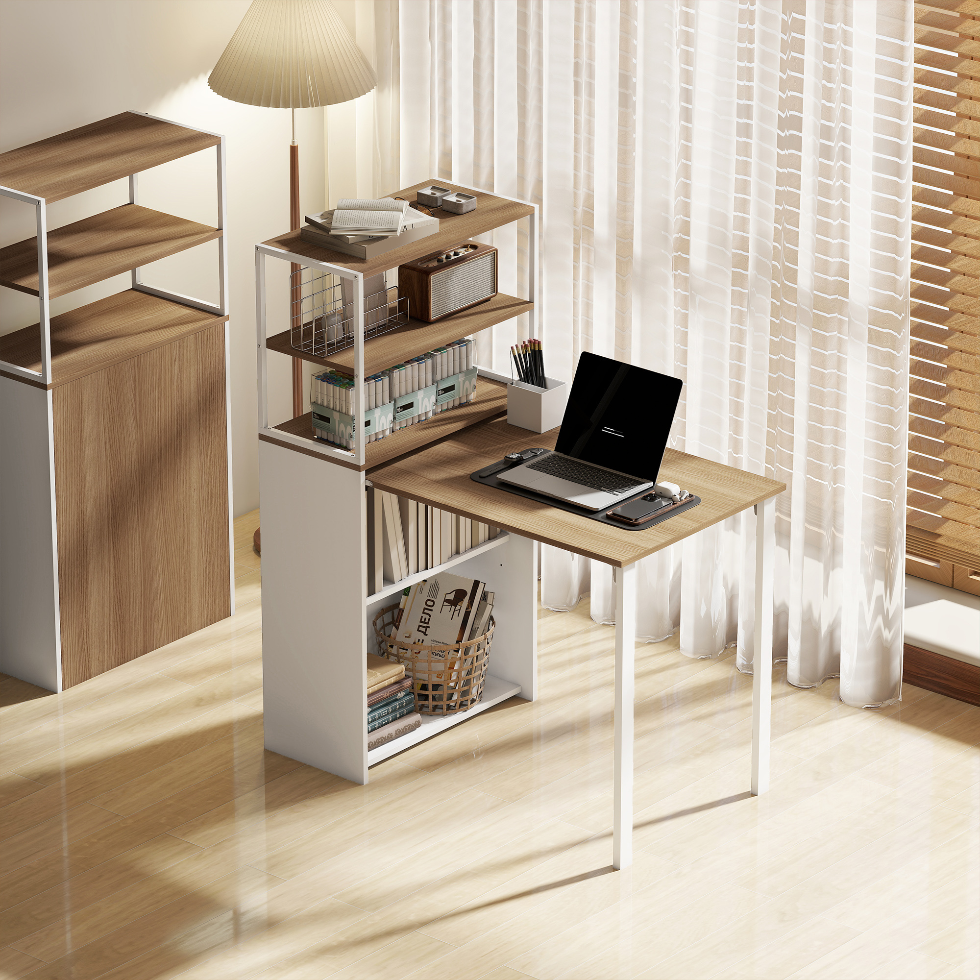 Folding Kitchen Table With 4 Shelves Computer Desk Work Desk Laptop Desk Office Shelf Natural Wood 105 X 60 X 127 Cm