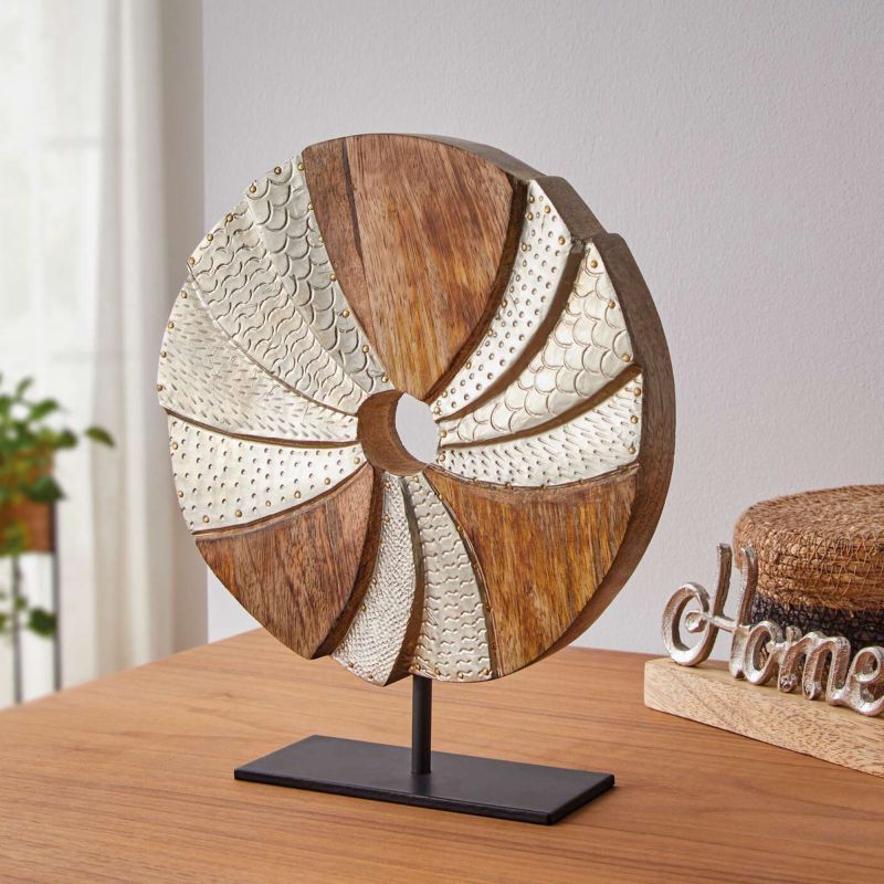 Image of Sculpture "circle" Made Of Mango Wood And Aluminum In Golden, Ø 24 Cm, Decorative Object, Wood Decoration
