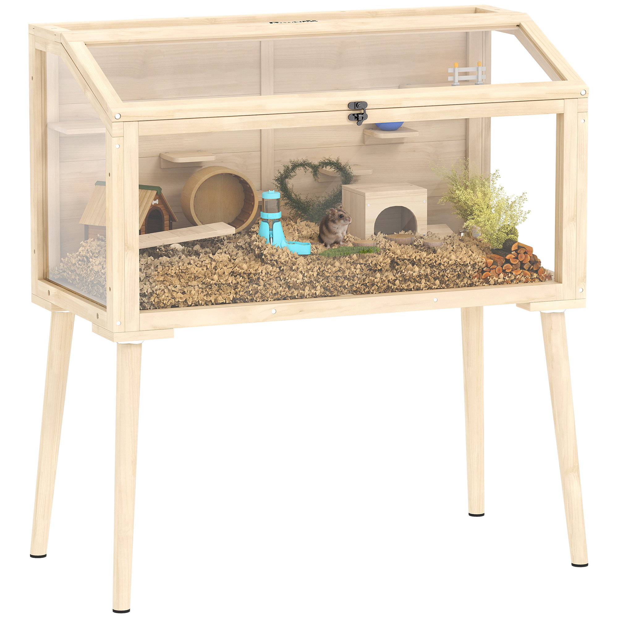 TEMU Cage hamster en bois, pour rongeur et souris ouvrable, 7 plateformes, 2 balançoires et bouteille d'eau, cage à gerbilles 110x52x101cm, naturel