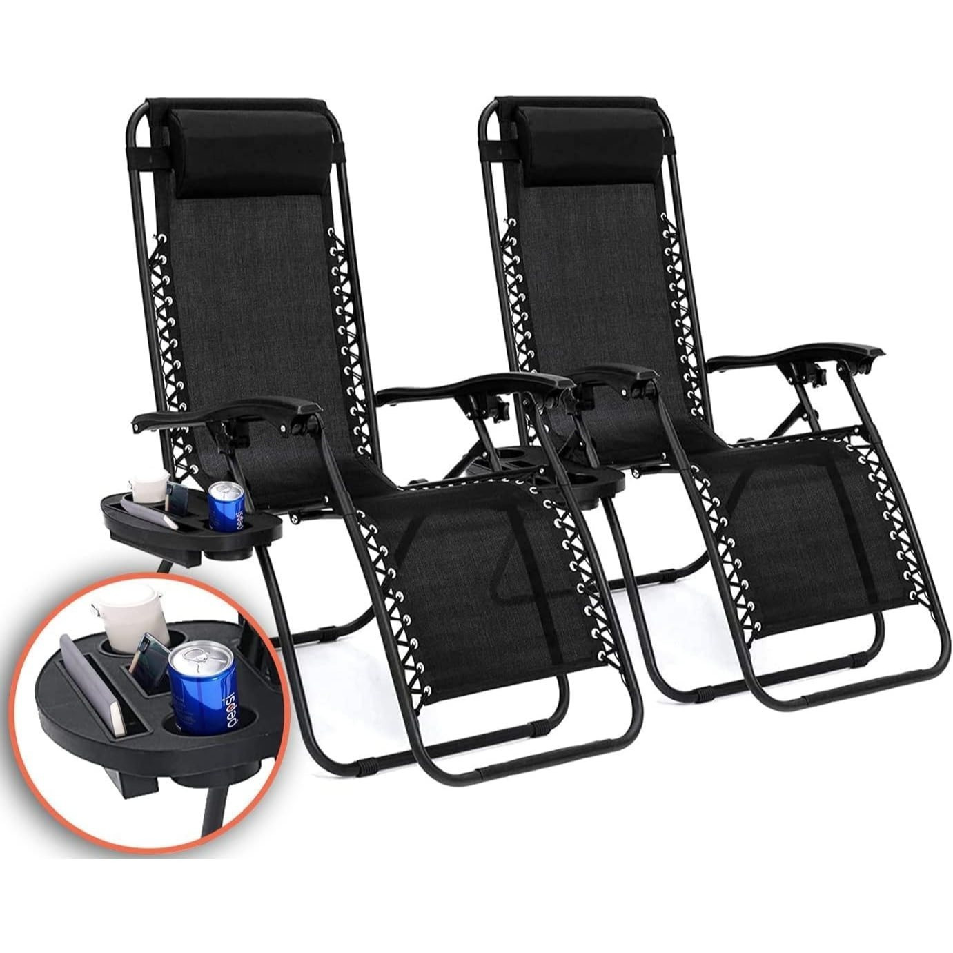TEMU Portable 0 Folding Lounge Chairs, Set Of 2 Garden Loungers With Cup Holder Trays And Adjustable Pillow, Heavy Duty Reclining Chair For Beach