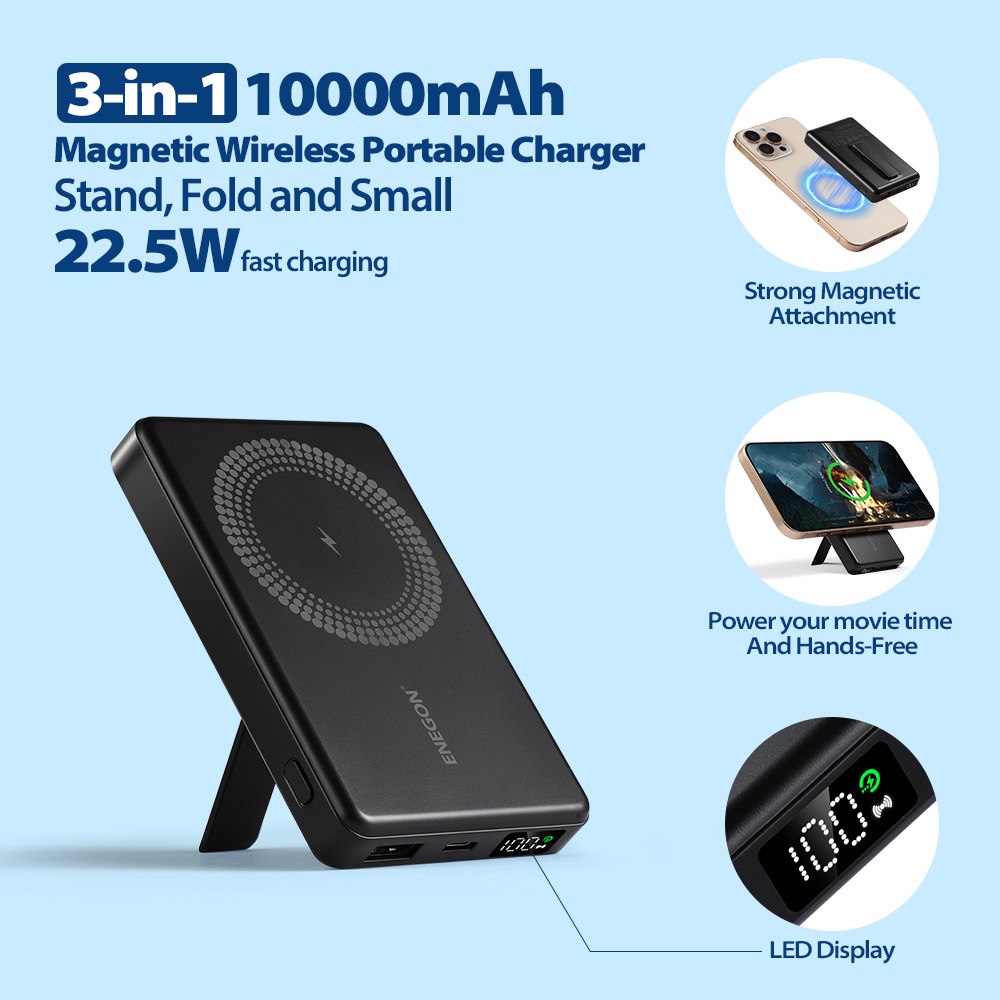 E-shop ENEGON 10000mAh Magnetisches, faltbares, kabelloses, tragbares Ladegerät mit Ständer & LED-Anzeige, kompatibel mit iPhone 17/16/15 Pro/14/13/12,