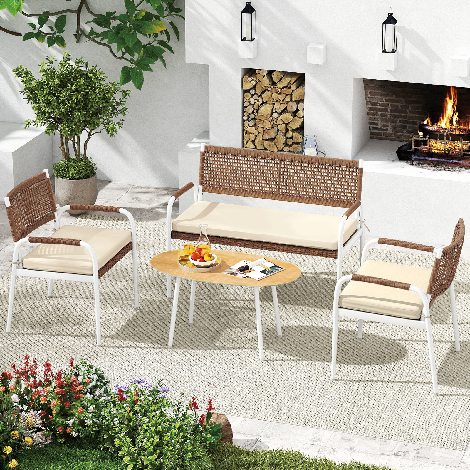 Image of 4pcs Patio Furniture Set, Pe Rattan Loveseat & 2 Armchairs With Soft Seat Cushions, Tempered Glass Table, Outdoor Wicker Conversation Sofa Set For Balcony, Porch, Backyard, Garden