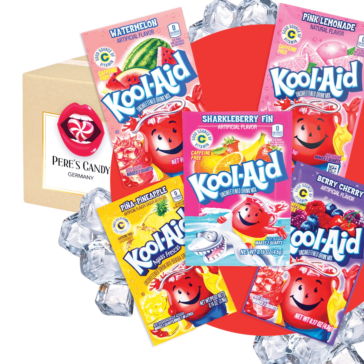 Image of 5er Pack - Kool Aid Mix Pack - Unsweetened Drink Mix - 1x Pink Lemonade 1x Berry Cherry 1x Sharkleberry Fin 1x Watermelon 1x Pineapple - Mix Pack 1