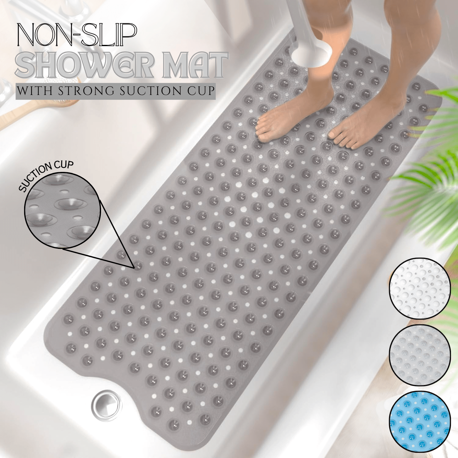 TEMU 1pc Extra Large Shower Mat – Strong Suction Cups, Quick-drain Holes, Non-slip Design, Machine Washable & Quick-dry Mat For Bathtub & Bathroom