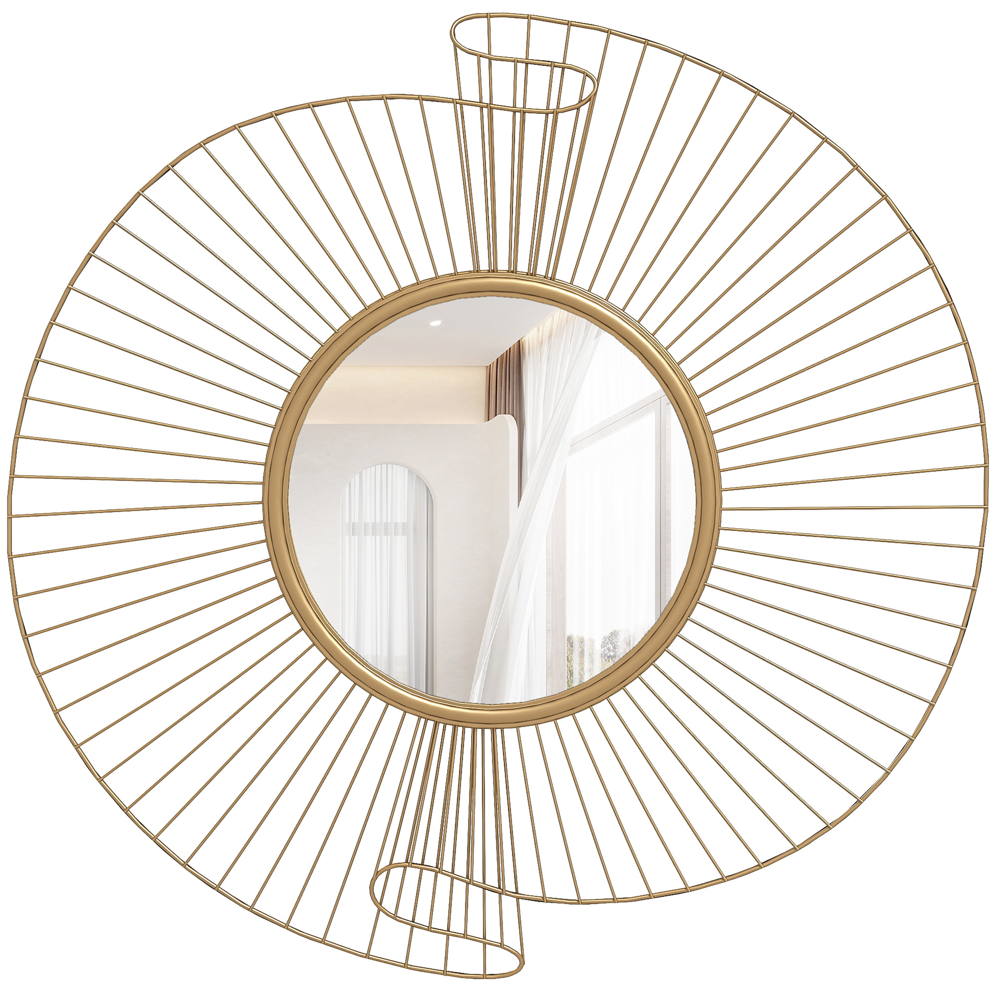 Image of Homcom Decorative Round Mirror 60 Cm With 360° Fixation, Modern Metal Wall Decoration With Pleated Details, Hanging Decor For Living Room, Bedroom, Office, Gold