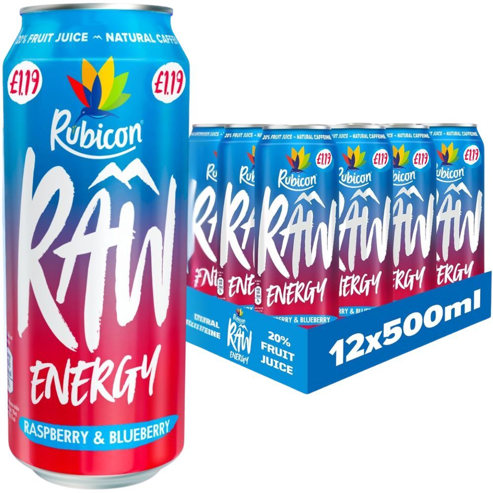 TEMU Rubicon Energy Raspberry & Blueberry Drink In Pmp Cans - Pack Of 12 X 500ml - Carbonated Mixed Fruit Juice & Flavor Energy Drink