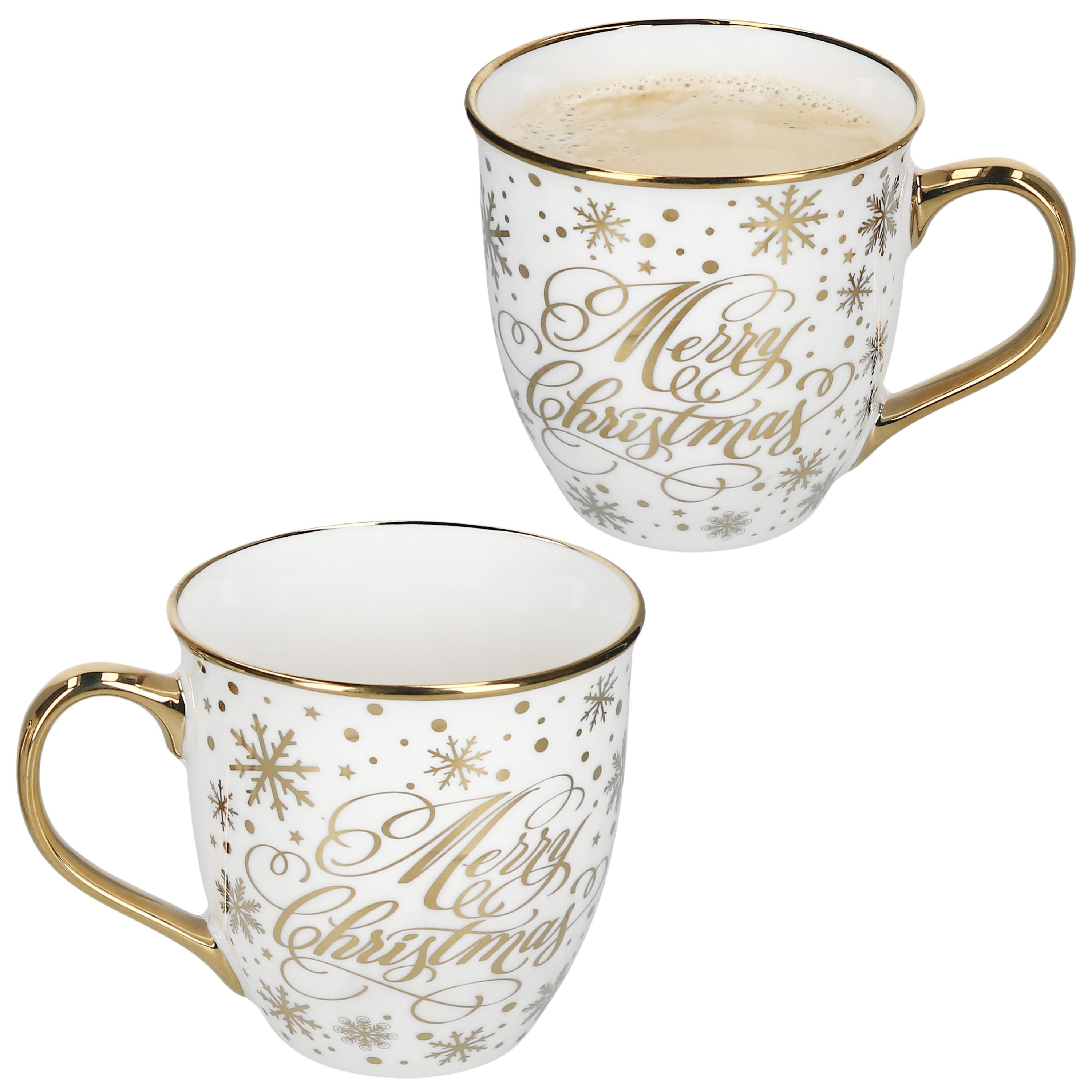 2-piece Set Of Jumbo Mugs With Gold Rim, Merry Christmas, Made Of Porcelain