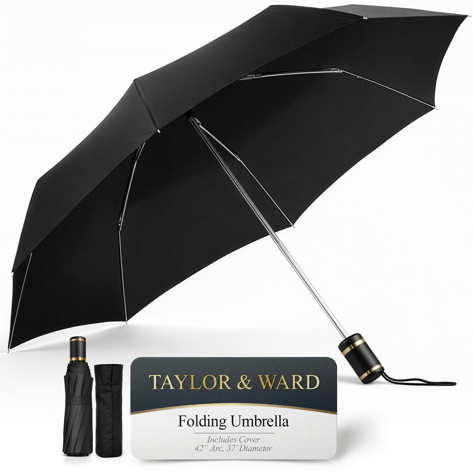 Taylor & Ward Folding Umbrella | Compact Windproof Travel Umbrella | Automatic Open Close Portable Rain Umbrella for Work, Travel & Daily Use | Waterproof Black Umbrella for Rainy Season