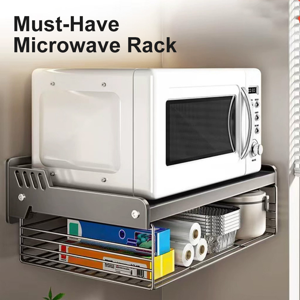 Image of Wall Mounted Microwave Oven Storage Rack No Drill, Heavy Duty Kitchen Organizer Shelf With Raised , Oven Spice Rack For Kitchen,suitable For Rental Rooms, Apartments, Bathrooms, And Kitchens, Etc.
