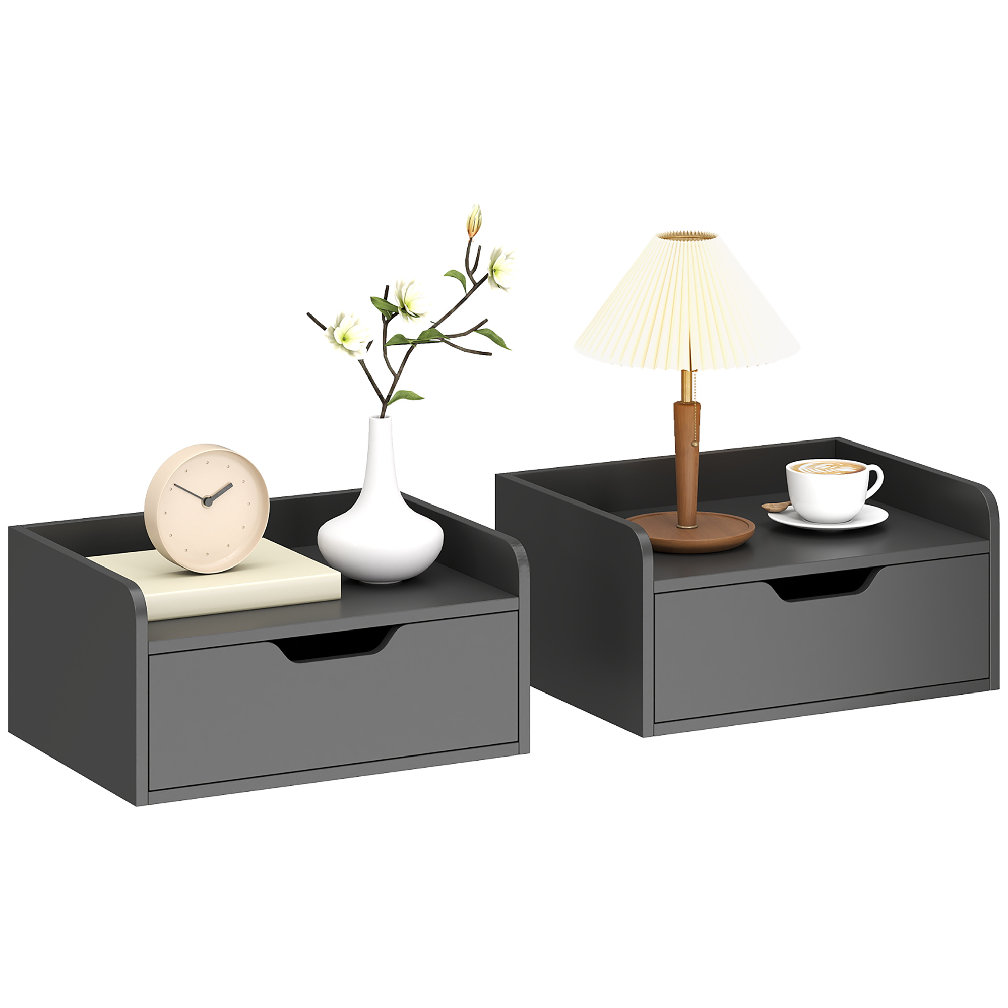 Image of Homcom Set Of 2 Wall-mounted Nightstands - Floating Bedside Tables With Sliding Drawer, Wooden Top - Dimensions 40l X 30w X 19.5h Cm, Black
