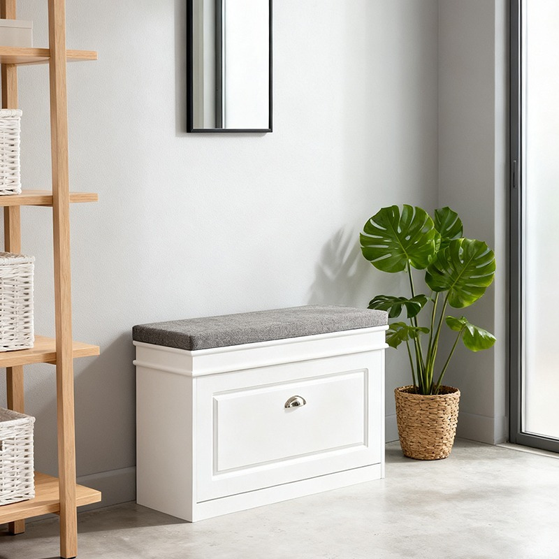 TEMU Banc à Chaussures pour Entrée avec Rangement et Assise Rembourrée, Banc avec Coffre, Tiroir Latéral et Crochet, Blanc, 75×24×51 cm, HAOTIAN