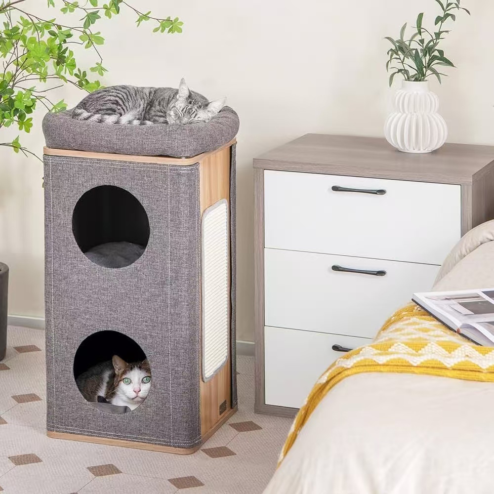 Image of 3-story Cat House, Cat Condo With Scratching Board, 2 Hideaways & Top Perch, 3 Cushions, Modern -shaped Cat Condo Furniture For Indoor Cats, Elevated Kitten Bed Caves