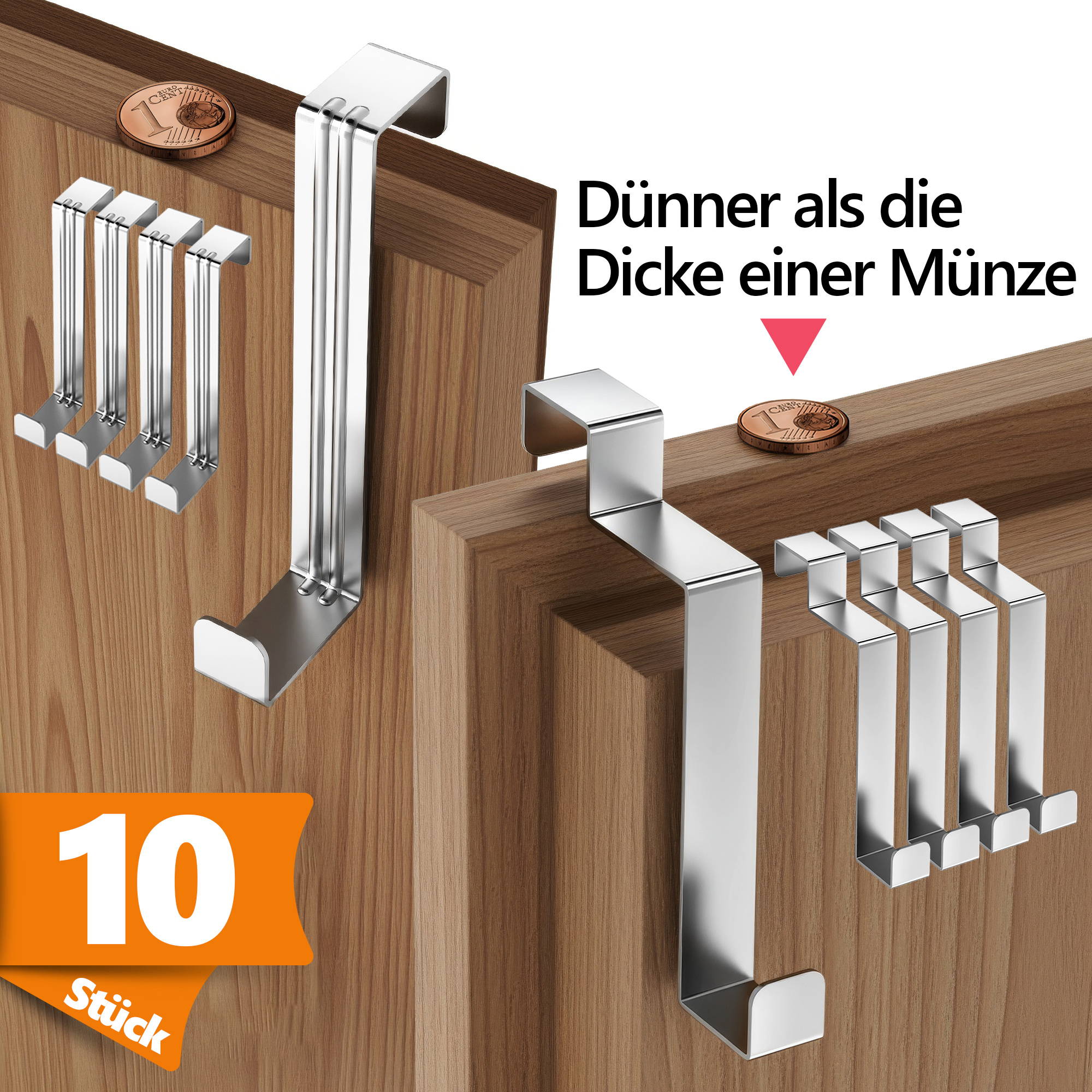TEMU Home Door Hooks 10pcs Set - 5x Standard Hooks + 5x Interior Side Hooks Made Of Stainless Steel | Versatile, Combinable Coat Hooks For Doors | ,