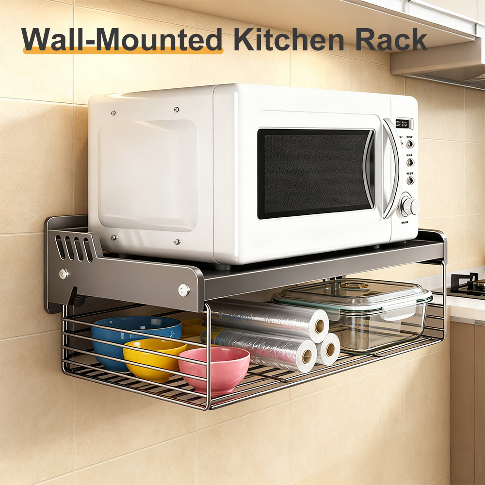 Wall Mounted Microwave Oven Storage Rack No Drill, Heavy Duty Kitchen Organizer Shelf With Raised , Oven Spice Rack For Kitchen,suitable For Rental Rooms, Apartments, Bathrooms, And Kitchens, Etc.