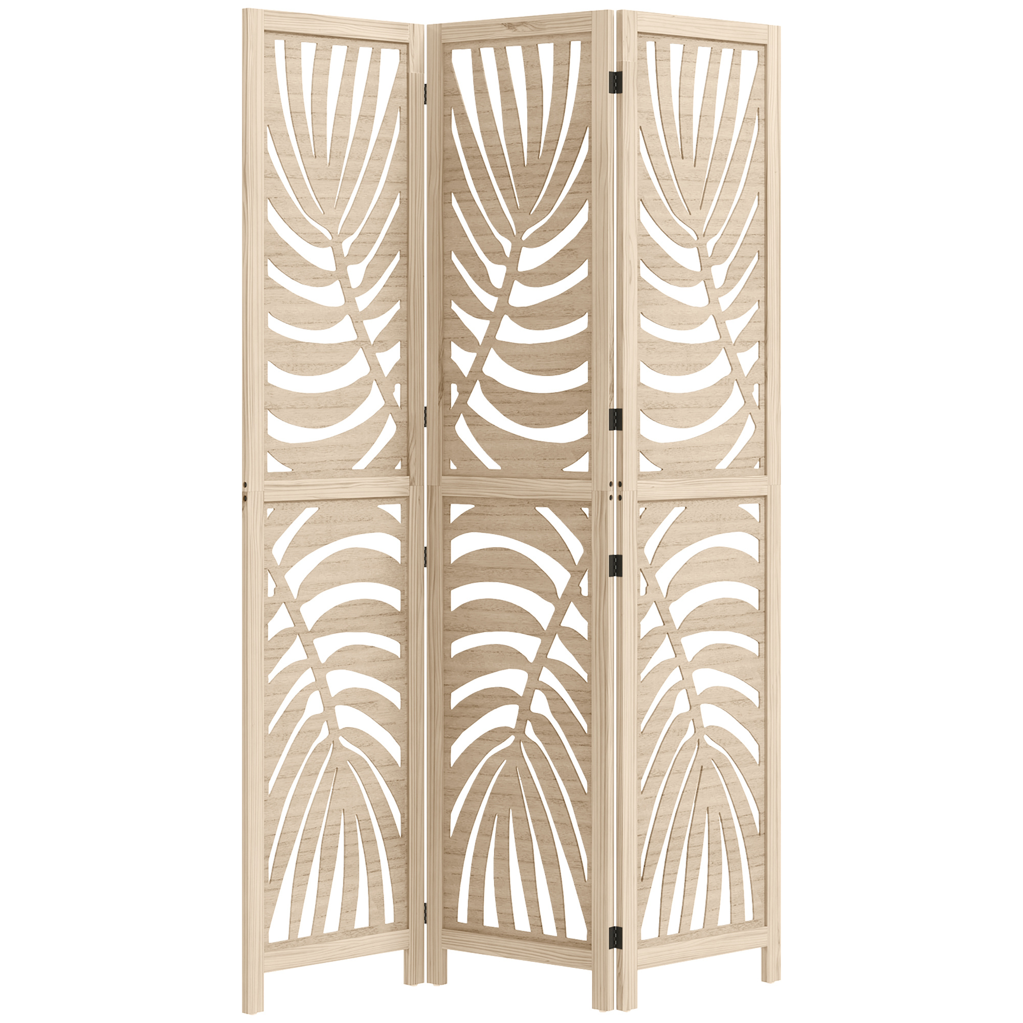 Image of Homcom 3-panel Wooden Room Divider, 120 X 170 Cm, Foldable And Portable, Leaf Pattern, Removable Partition For Living Room, Bedroom, Home, Natural Wood