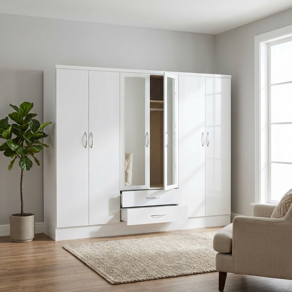 TEMU White Door Bedroom Wardrobe With Mirrored Doors 2 Drawers Storage Furniture Hanging Rail