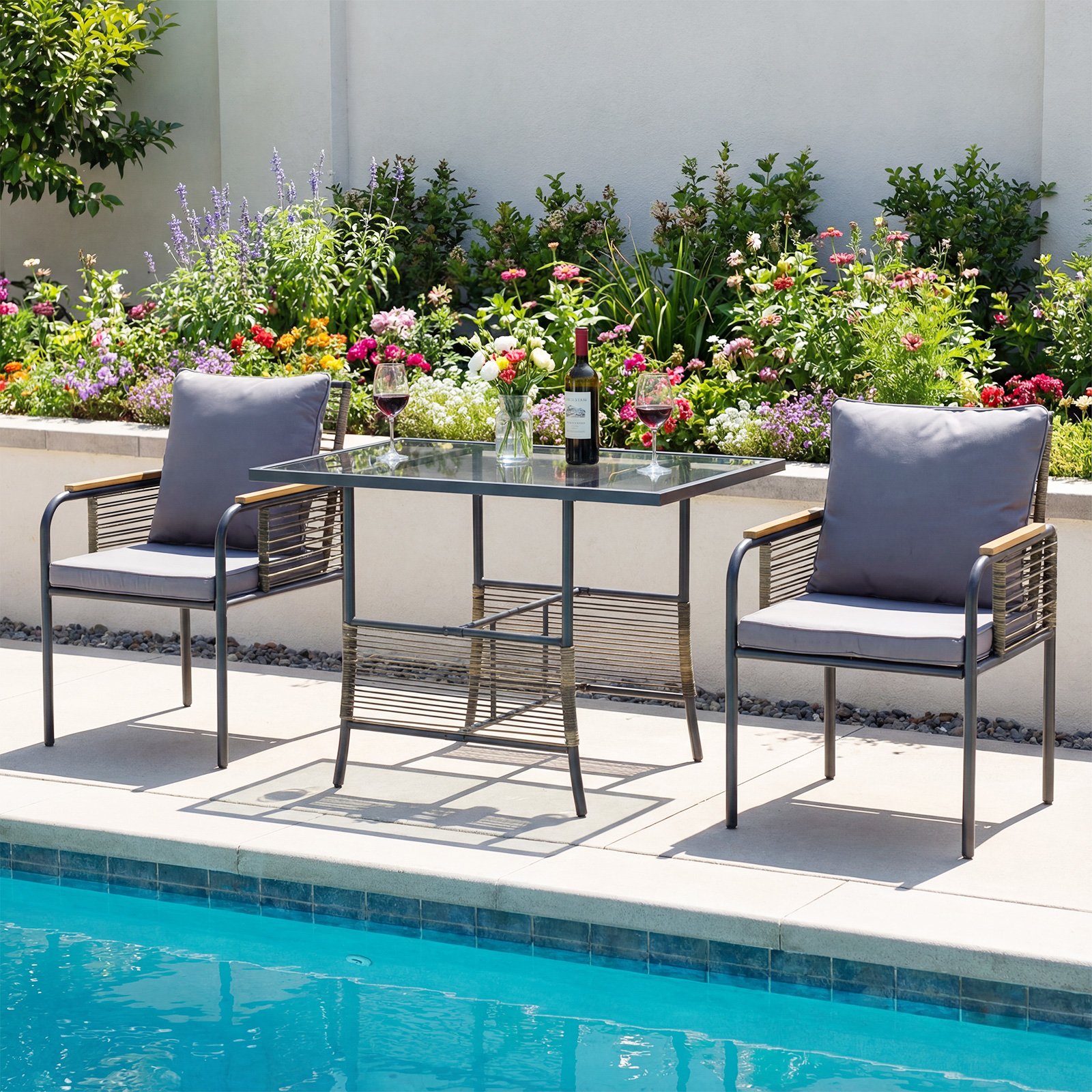 3pcs Patio Wicker Bistro Set, Space- Outdoor Dining Set With Cushions, Outside Rectangular Table And For Balcony, Porch, Garden And Backyard