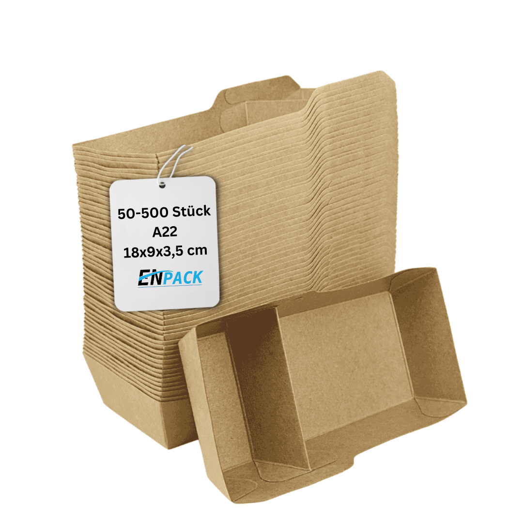 TEMU Snackschale A22 – 50-500 Kraftkarton Snack Boxen 9×18×3,5 cm | Einweg Pommes Frites Tray mit 2 Fächern | Snack Container für , Pommes, Chips &