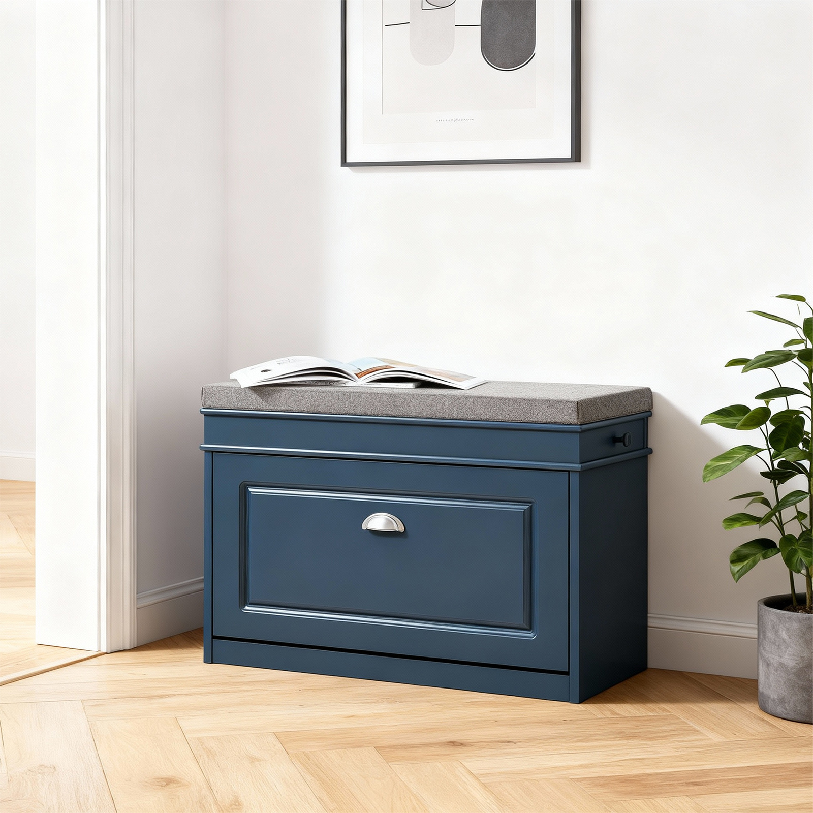 TEMU Shoe Bench For Hallway With Storage Space And Seat Cushion, Bench With , Side Drawer, And Hooks, Blue, 75x24x51 Cm, Haotian, Gts93-m-c