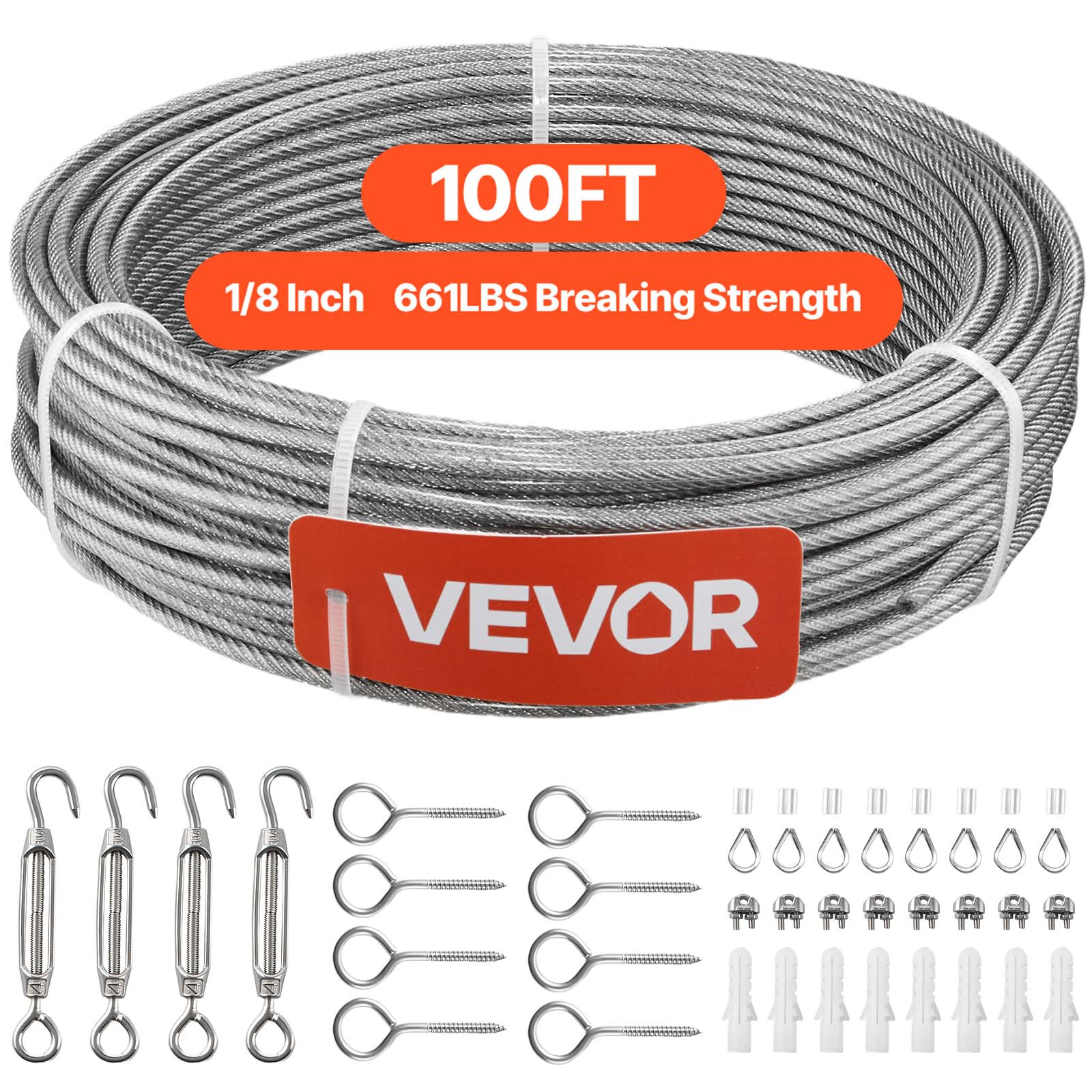Image of Vevor 3.2 Mm Wire Rope Kit, 30.5 M Length, 304 Stainless Steel Wire Cable, 2.9 Kn Breaking Strength, 7 X Construction, Steel Cable For Deck Railing System, Garden Trellis, String Lights