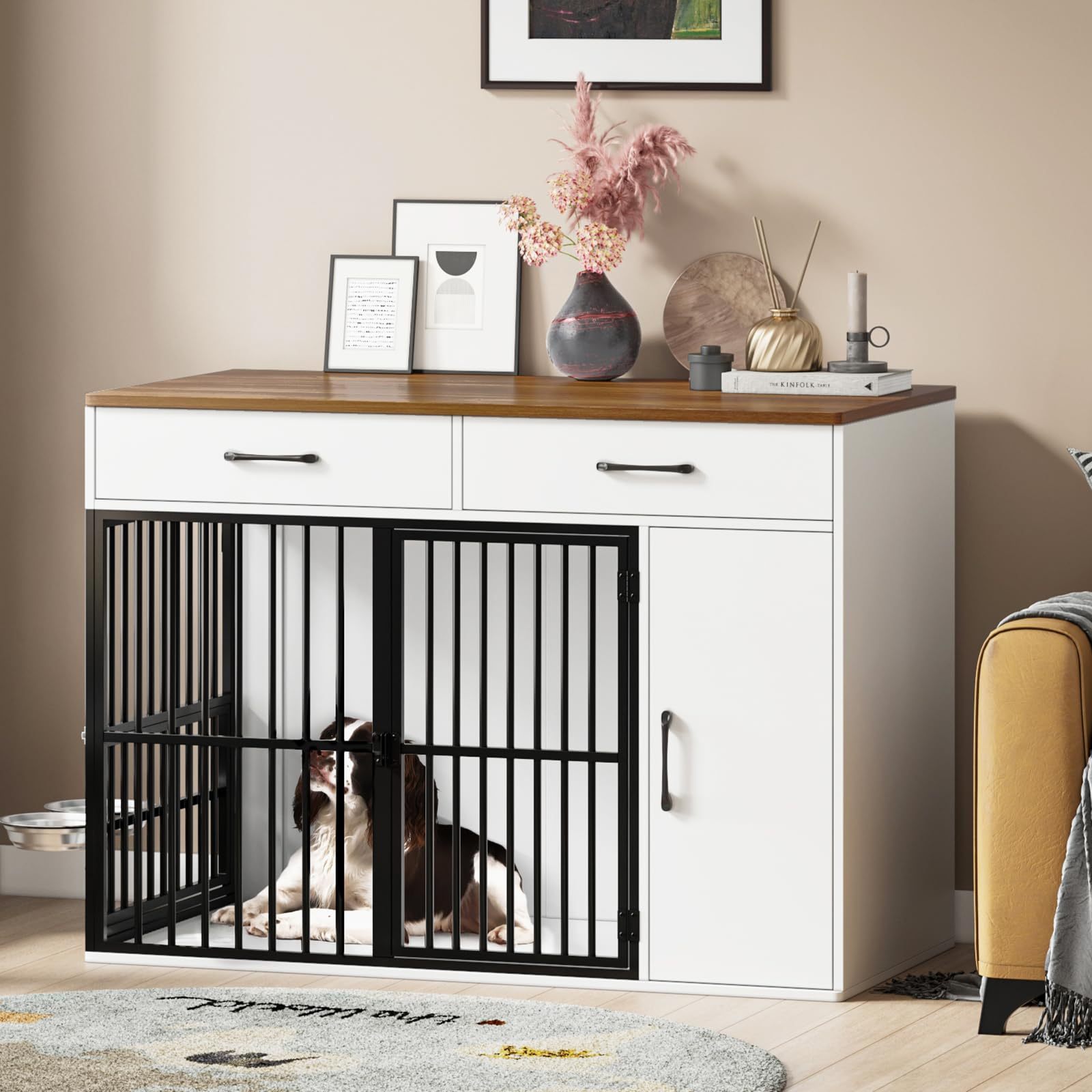 TEMU Dog Crate Furniture, Large Wooden Dog Crate With Drawers, Side Cabinet & 360°rotating Bowls, Indoor Heavy Duty Dog Kennel With , End ,