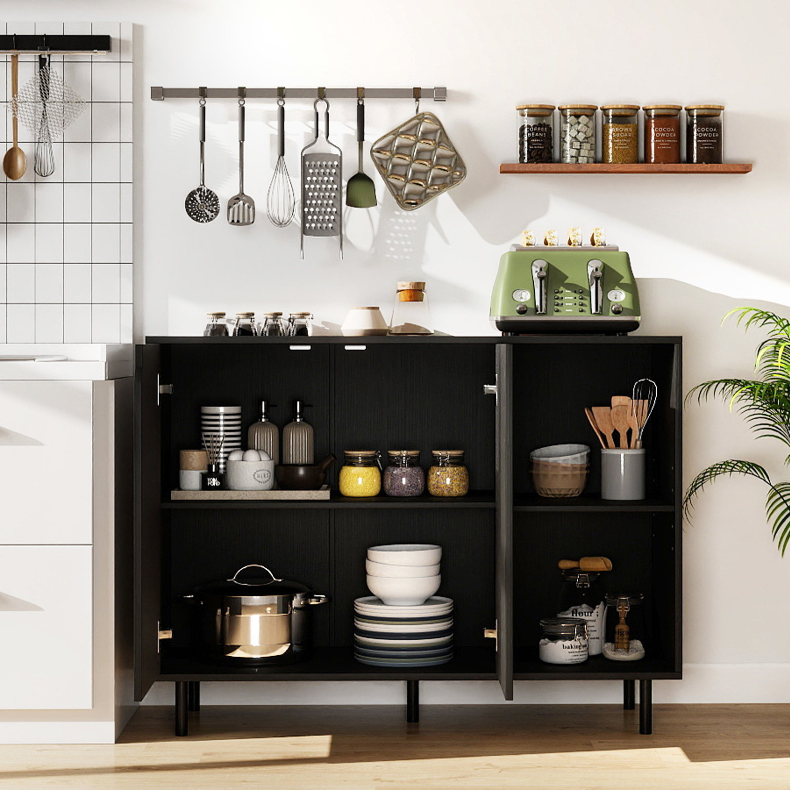 Image of Kitchen Buffet Cabinet, Modern Wooden Sideboard W/2 Doors & 2 Open Compartments, Dining Room Console Storage Cabinet W/adjustable Shelves & Metal Legs, 106 X 38 X 80 Cm, Black