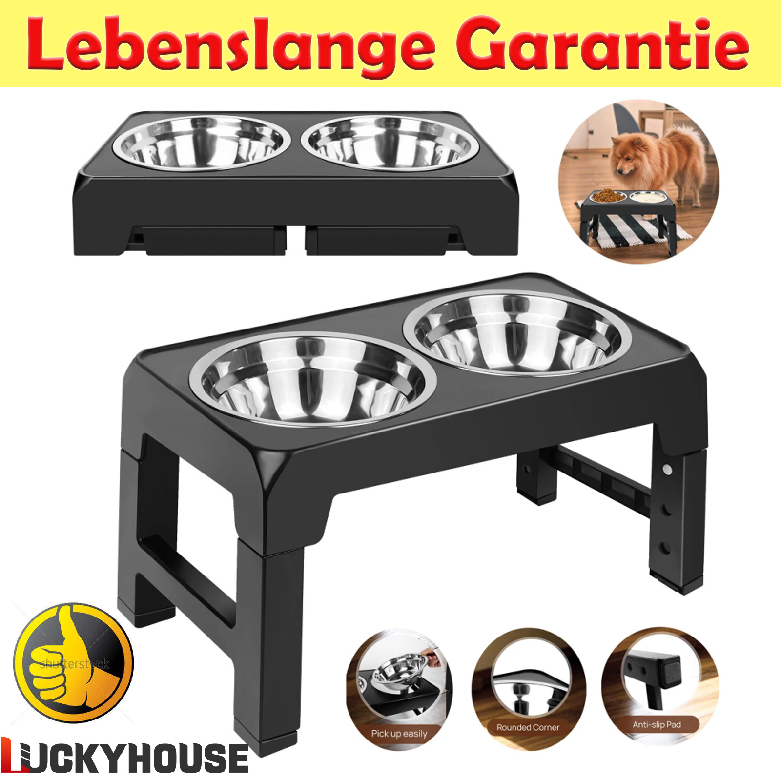 E-shop Erhöhter Hunde- und Katzenfressnapf, höhenverstellbar – mit 2 Edelstahlschalen à 1200 ml, Wirbelsäulenschutz- für mittelgroße und große Hunde, 4