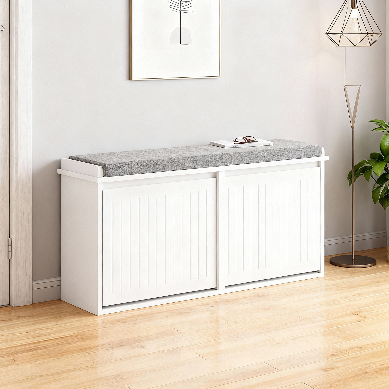 Image of Shoe Bench With Seat Cushion And 2 Flaps, Narrow Shoe Cabinet For Hallway And Living Room, Space- Hallway Furniture Made Of, 100x26x46 Cm, White, Haotian Gts09-ym-x