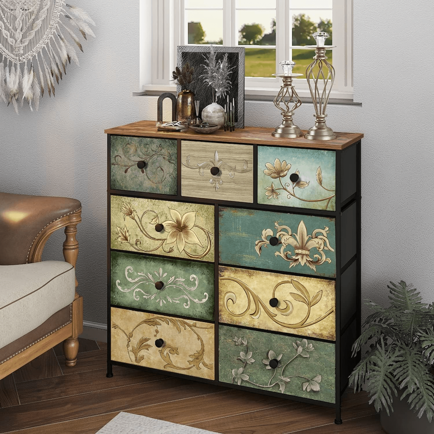 Image of Vintage Wood Look Sideboard With 9 Fabric Drawers - Chest Of Drawers For Living Room, Bedroom & Hallway