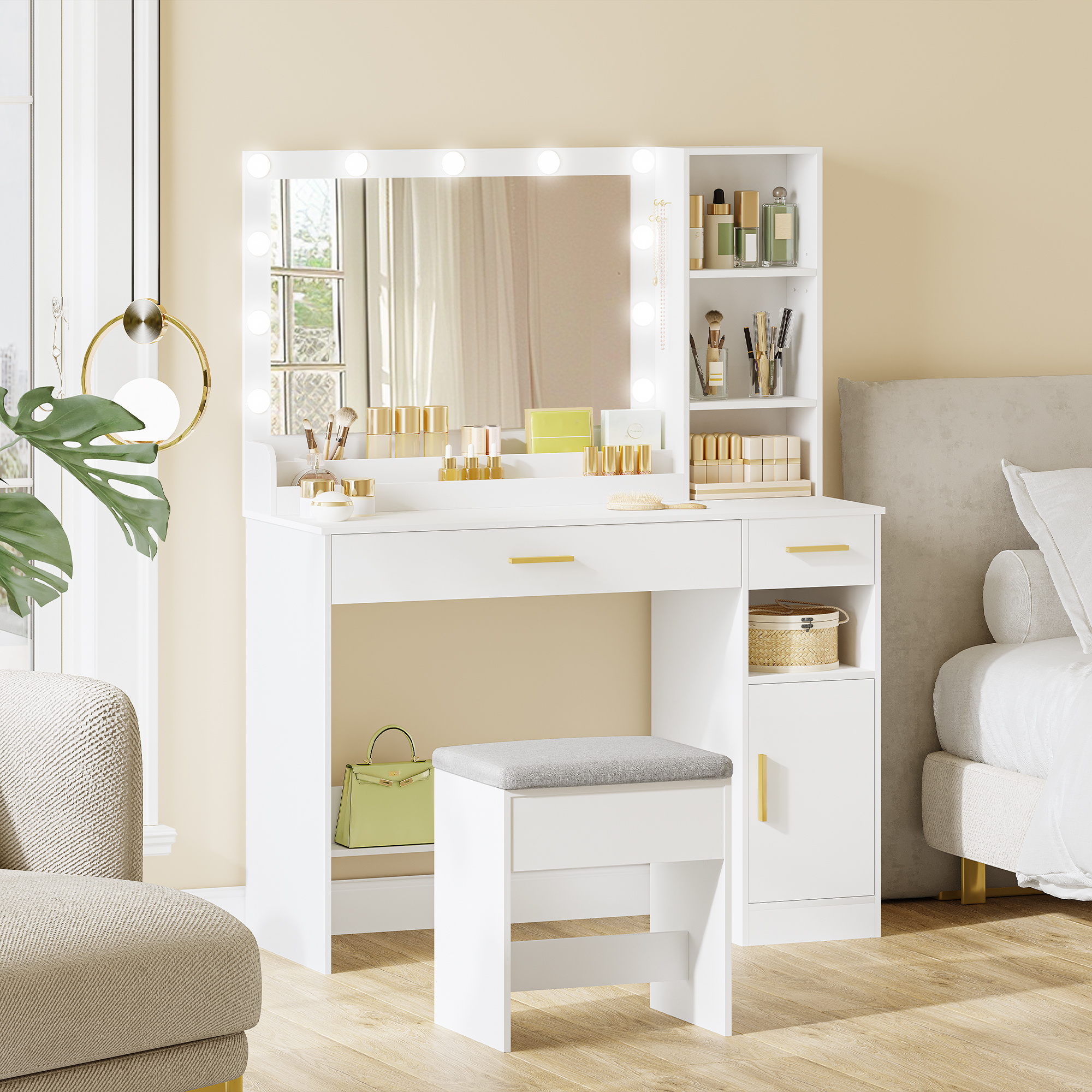 Image of Makeup Vanity With Stool, Large Mirror, Dressing Table With 2 Drawers, 4 Open Compartments, And Cabinet, For Bedroom And Dressing Room, White