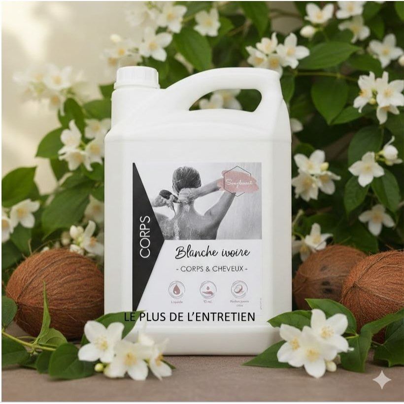 TEMU Gel douche corps et cheveux Blanche au parfum jasmin coco. bidon de 5L