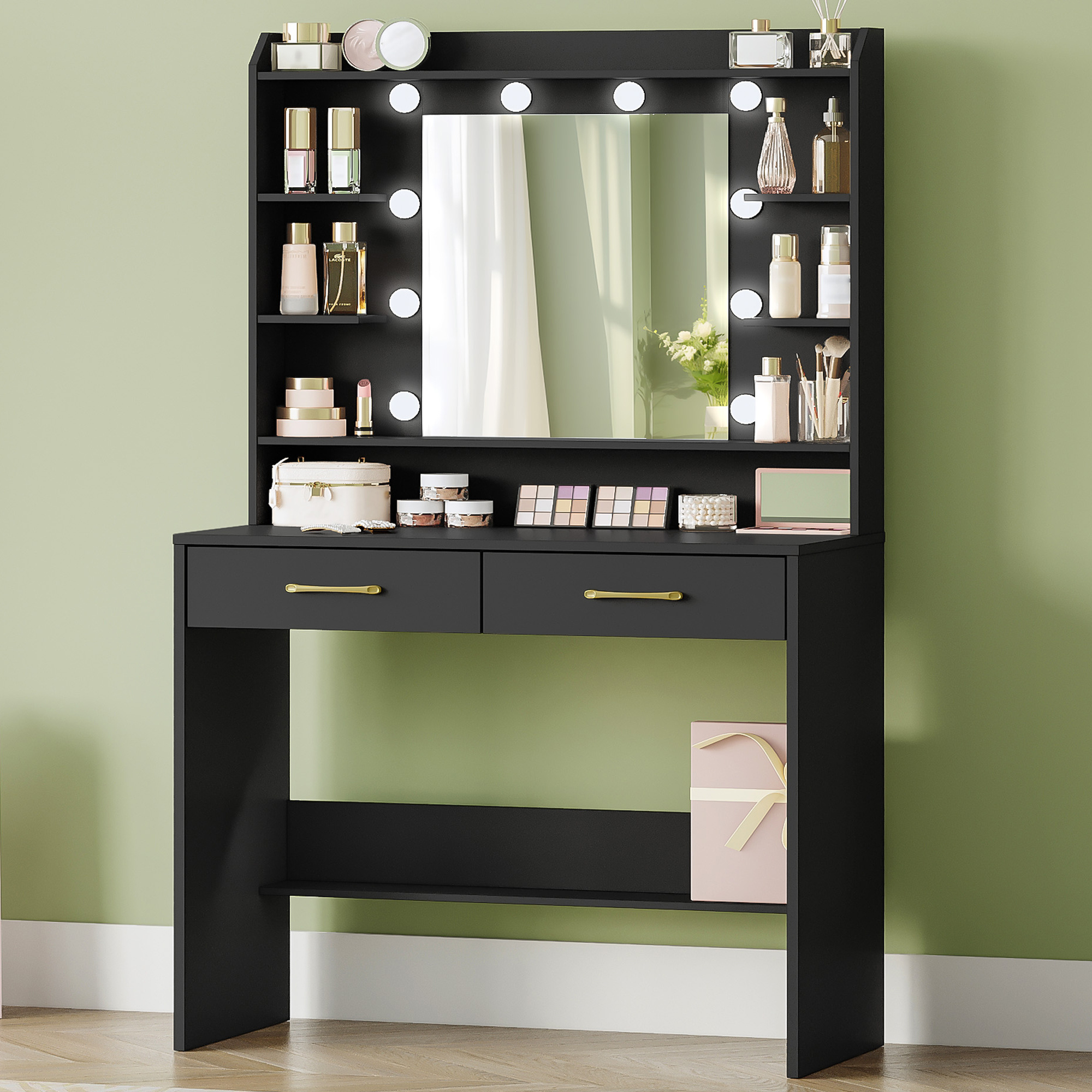 Image of Hzuaneri Makeup Vanity With Mirror, Dressing Table With Storage Shelves And 2 Drawers, For Bedroom, Living Room, Adjustable Brightness, 40 X 80 X 149 Cm, Black