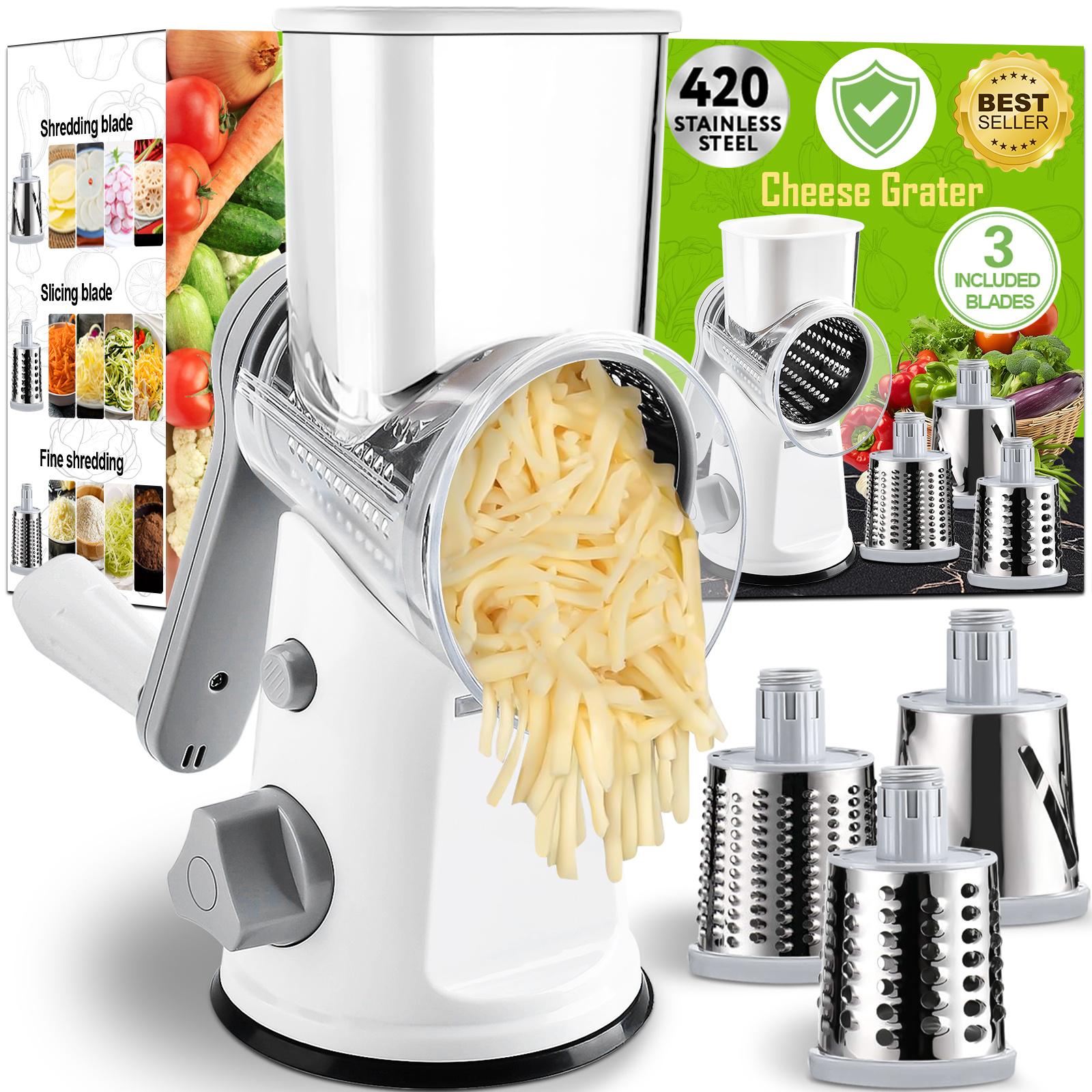 Rotating Vegetable Slicer Drum Grater With Crank 3 Drum Grater For Vegetables Cheese Ice Carrots Nuts Etc. Vegetable Chopper Mandoline Cheese Grater (white)