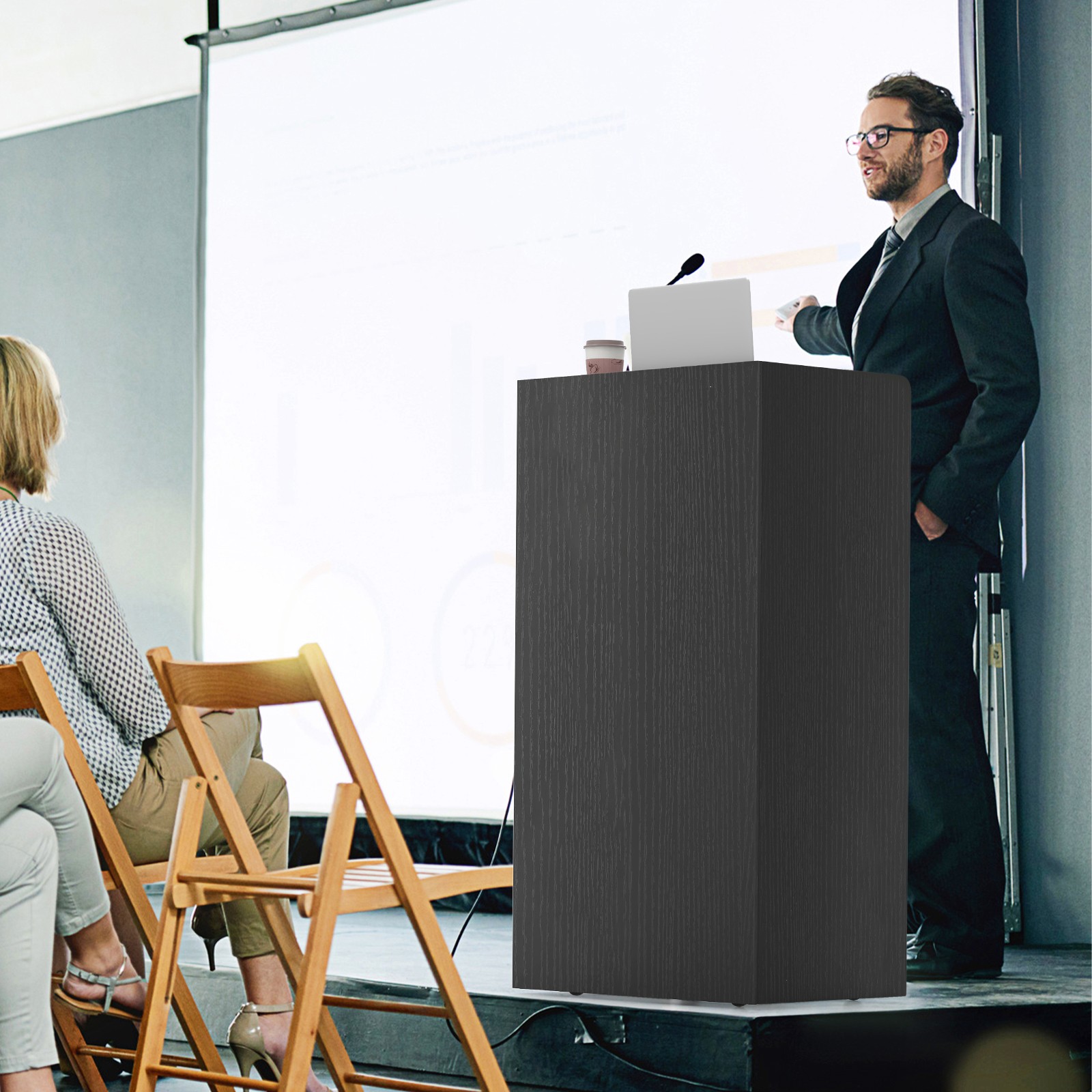 Rolling Lectern Stand, 41" Presentation Podium With 2 Storage Shelves, Laptop Computer Cart, Wooden Speaker Stand Reception Desk, 4 Universal Casters, Ideal For Church, Office, School, Home Use, Black