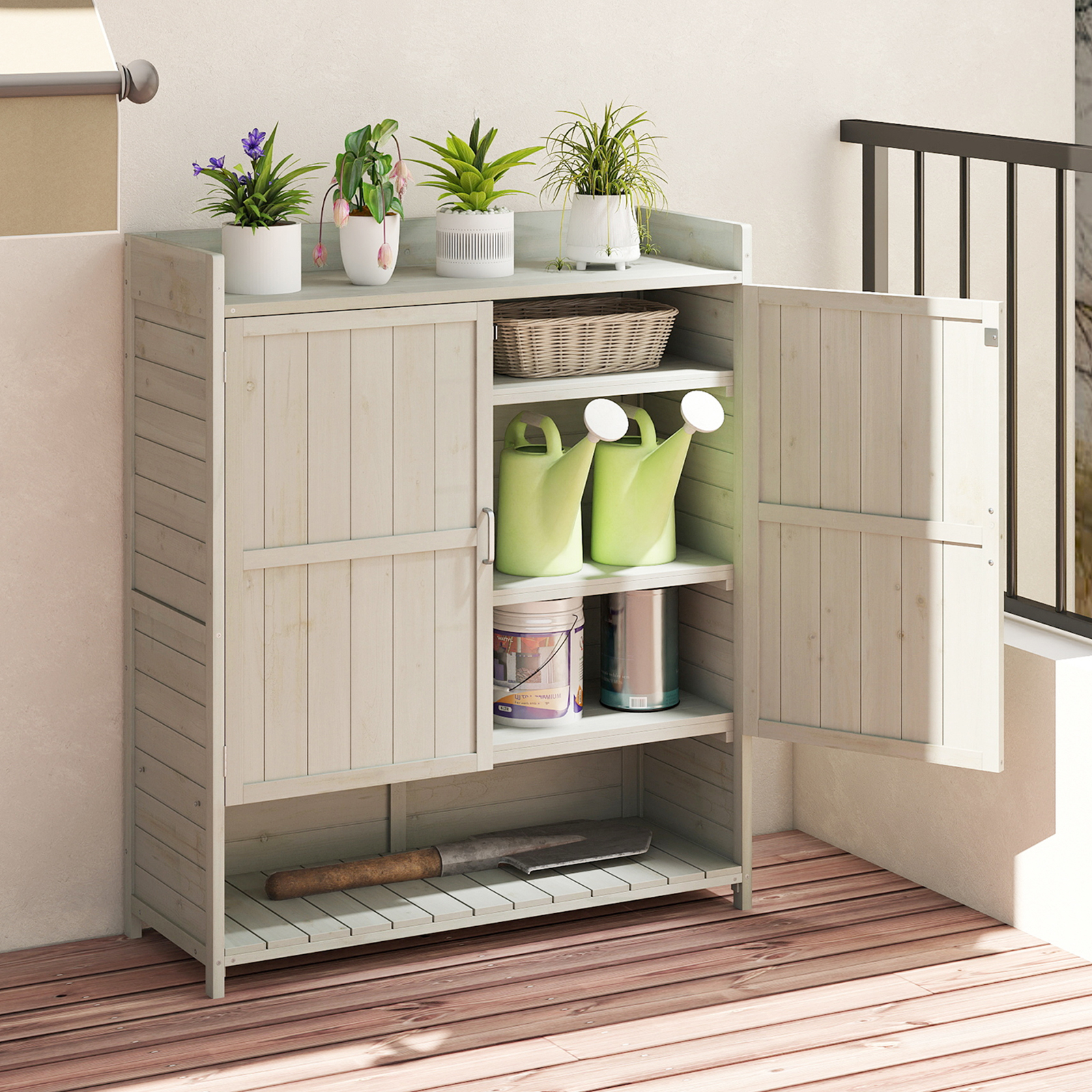 Outdoor Potting Bench With Storage, Patio Solid Wood Cabinet With Removable Shelves & 2 Doors, Wooden Gardening Planting Workstation For Lawn, Backyard, Garden