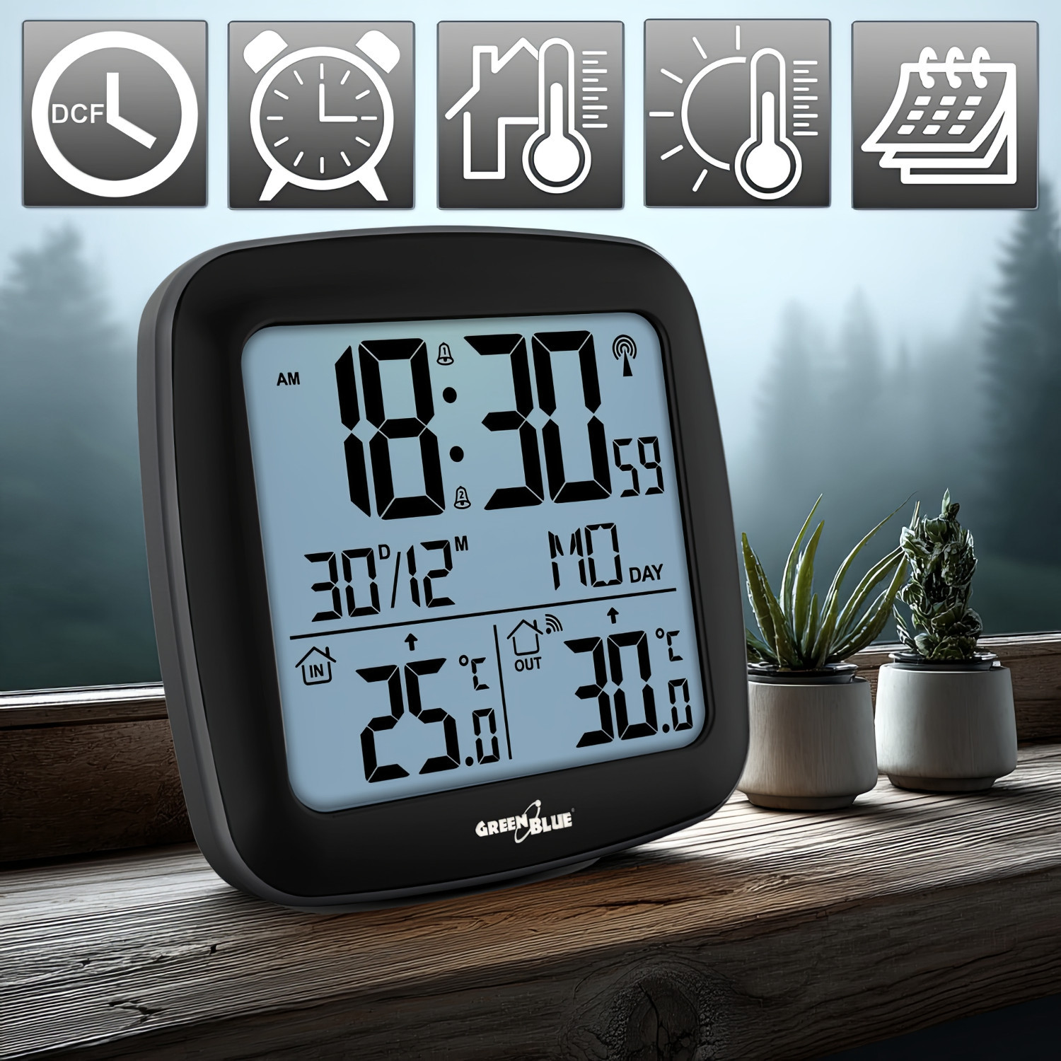 Modern Wireless Weather Station With Dcf System, Calendar And Alarm, Large Backlit Display, Indoor And Outdoor Temperature.