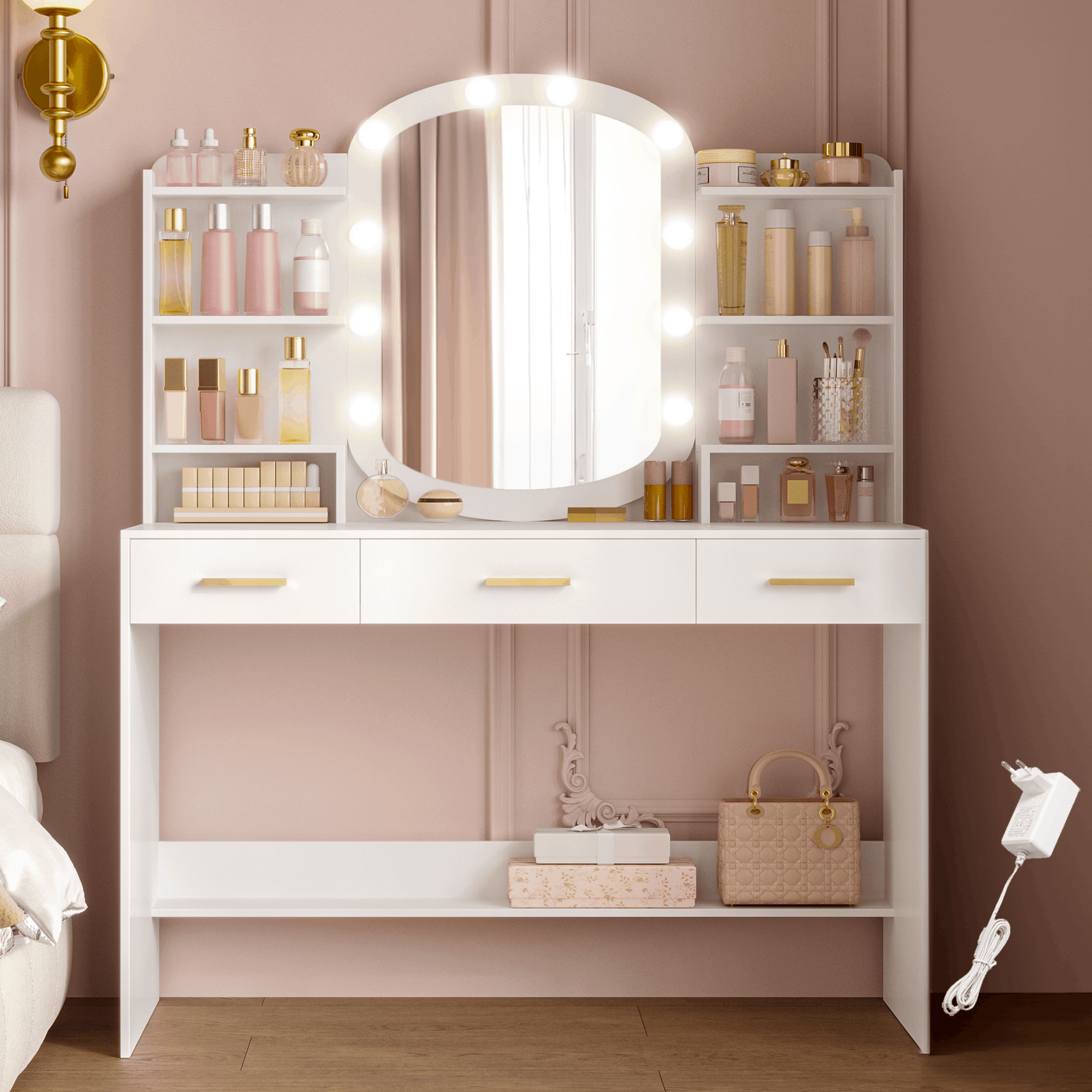 Makeup Vanity With Oval Mirror, Dressing Table, Drawers With Open Compartments, For Bedroom And Dressing Room, 40 × 108 × 145.5 Cm, White