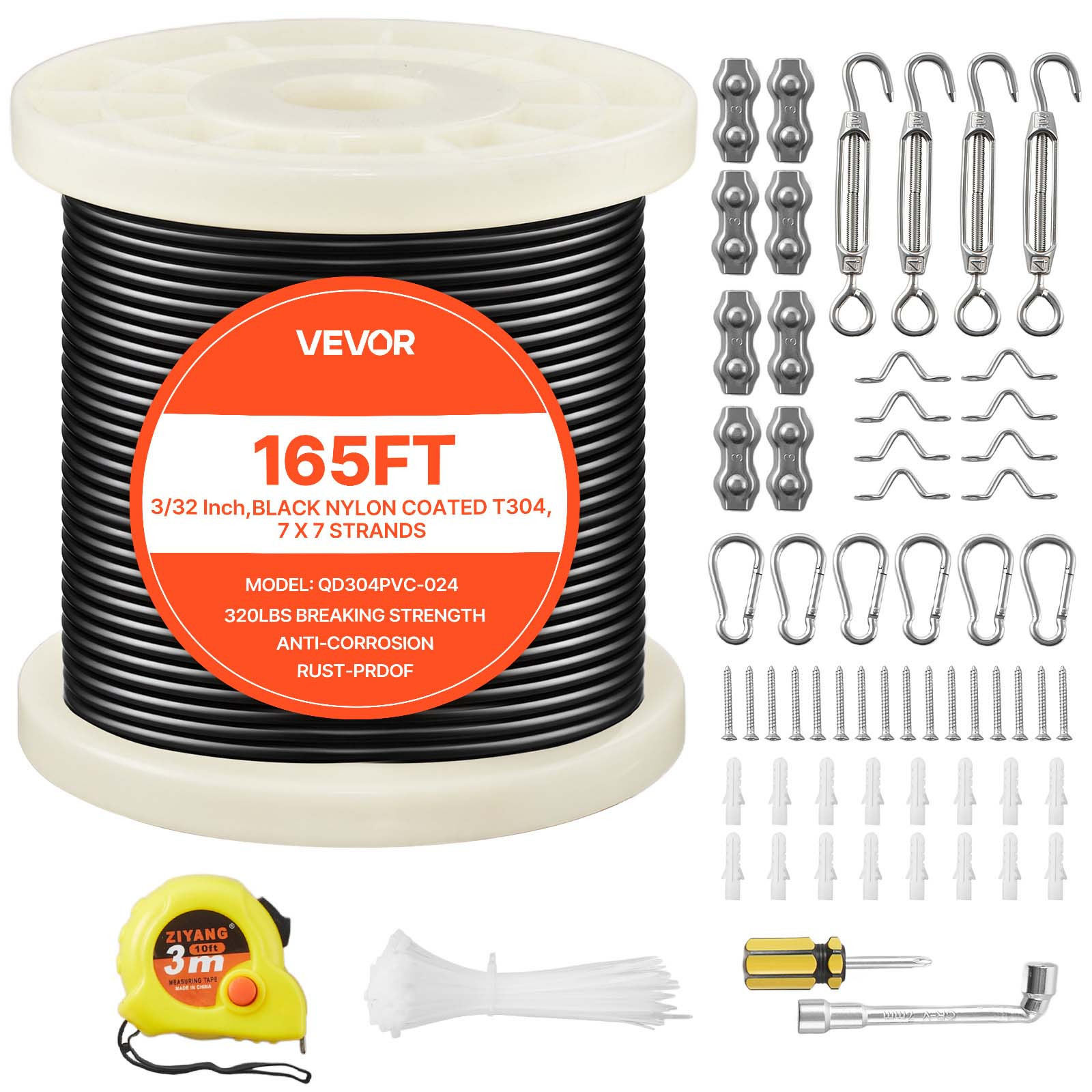 Image of Vevor 2.38 Mm Wire Rope Kit, 50.3 M Length, 304 Stainless Steel Wire Cable, 2 Kn Breaking Strength, 7 X Construction, Steel Cable For Deck Railing System, Garden Trellis, String Lights