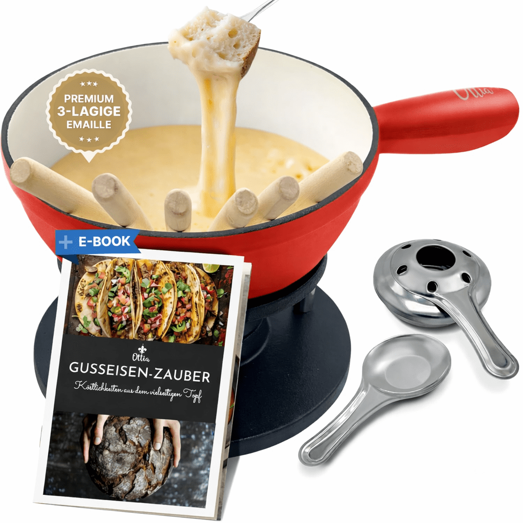 TEMU Ottia Fondue Set aus Gusseisen & Emaille für 2, 3, 4, 5 oder 6 Personen. Für Käsefondue, Fleischfondue und Schokofondue. Induktion geeignet,