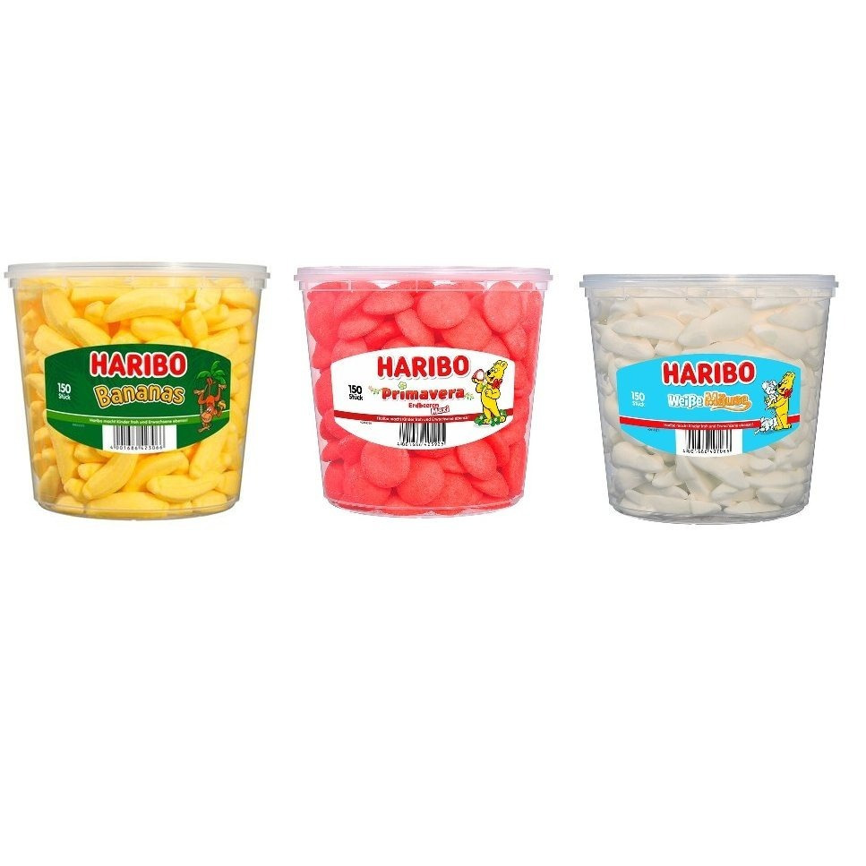 Haribo Mixbox 1x White Mice + 1x Primavera + 1x Bananas With 150pcs Of Sugared Foam Candy