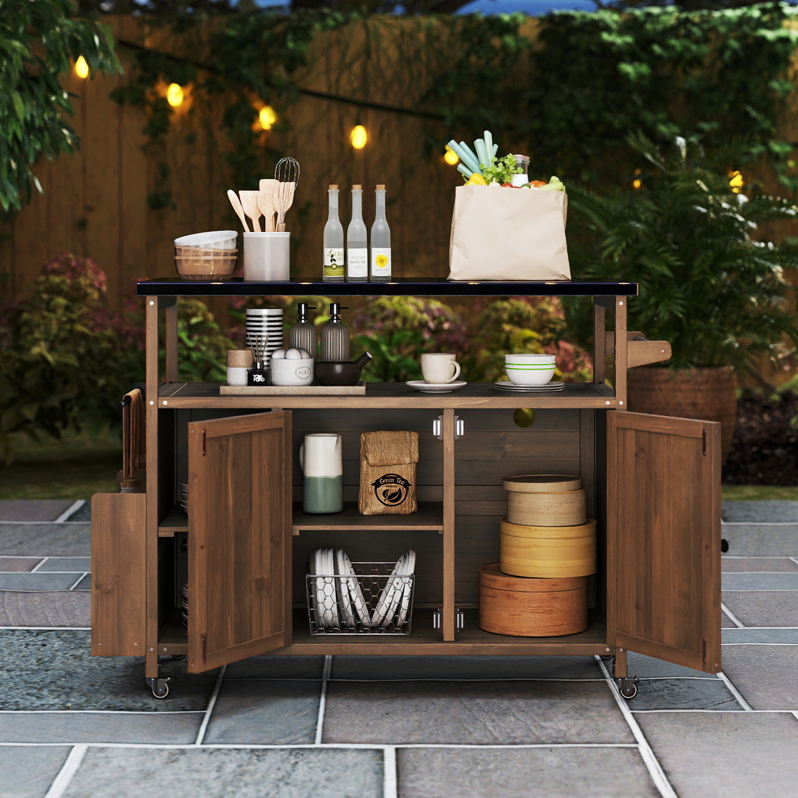 Image of 130 Cm Outdoor Grill Cart With Stainless Steel Tabletop, Fir Wood Kitchen Island With Lockable Wheels, Storage Cabinet, Open Shelf & Compartments, Prep Grill Table With Tissue Holder & Handrail Rack