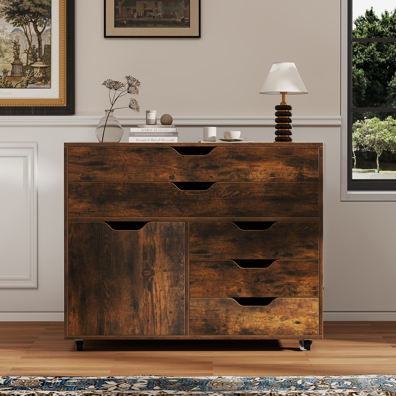 5-drawer Chest With Door, Mobile Chest Of Drawers With 5 Casters, Rolling Lateral File Cabinet Printer Stand, Modern Vertical Storage Cabinet For Living Room, Study, Home Office, Brown