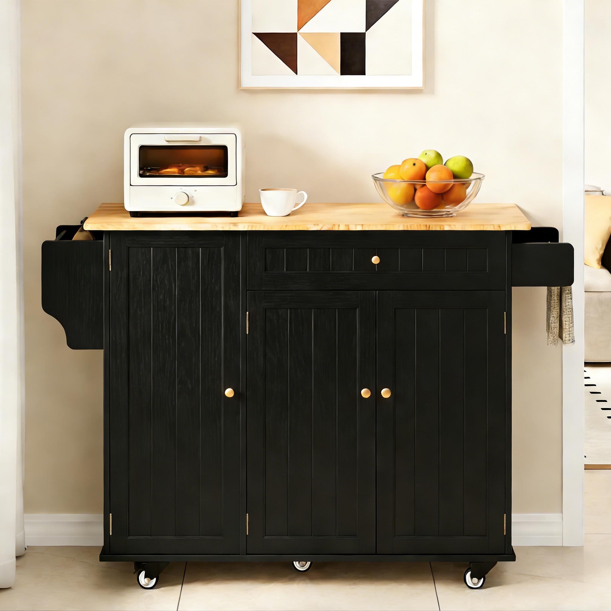 Image of Kitchen Cart | With Foldable Worktop & Wheels | Serving Cart | Mobile Kitchen Cabinet - For Kitchen, Dining Room & Hallway | 130 X 75 X 88 Cm - White Kc90