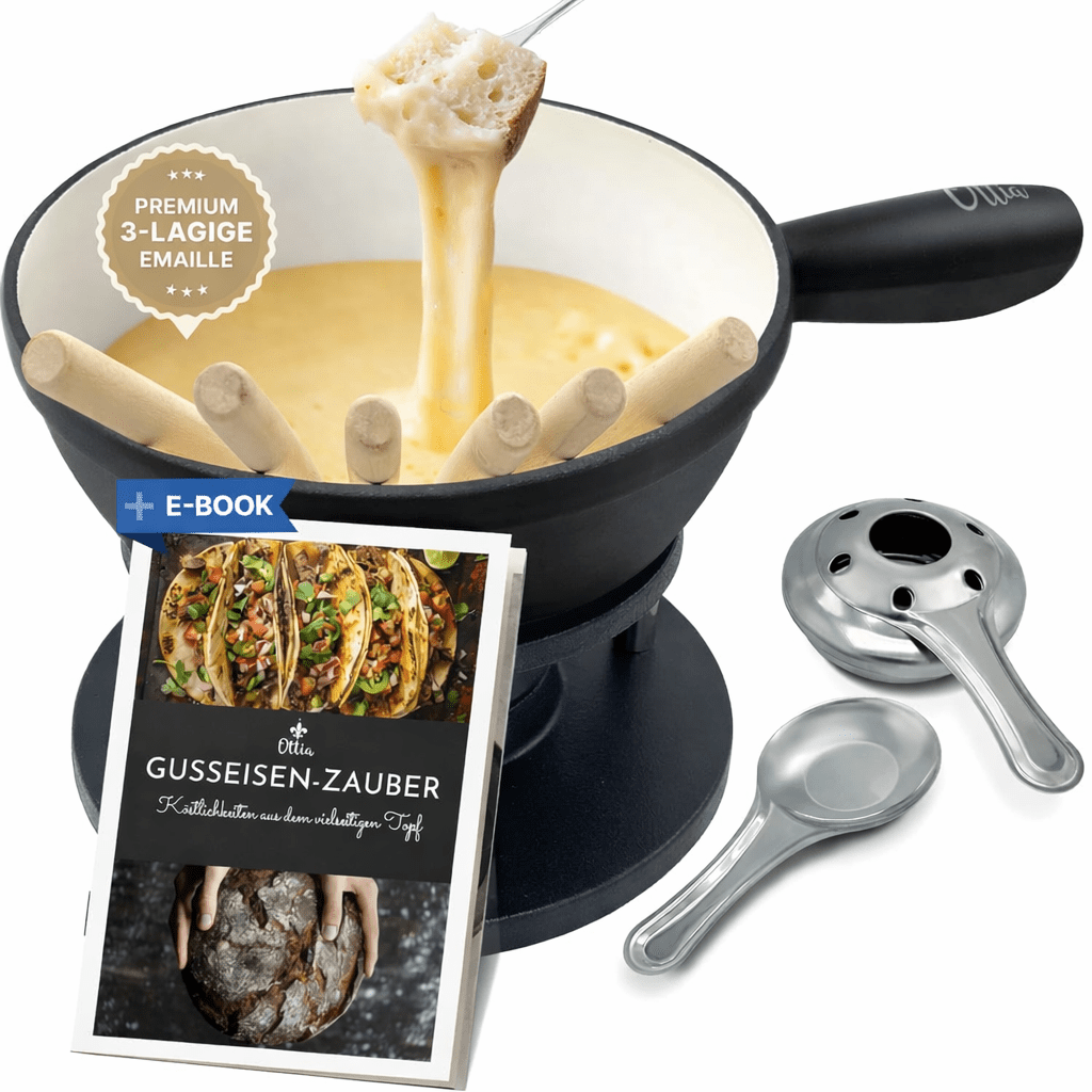 Image of Ottia Fondue Set Made Of Cast Iron & Enamel For 2, 3, 4, 5 Or 6 People. For Cheese Fondue, Meat Fondue, And Chocolate Fondue. Induction Compatible, Non-toxic, With Burner, Forks, And Recipe Book.
