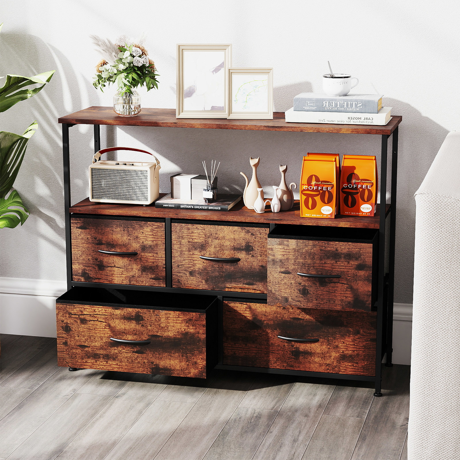 Image of Dresser For Bedroom With 5 Drawers, Wide Chest Of Drawers With 2 Wooden Open Shelves And Heavy Duty Metal Frame, Storage Organizer Unit, Storage Dresser For Entryway, Living Room And Closet